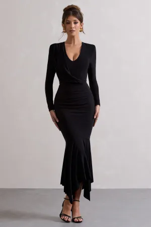 Milena | Black Plunge-Neck Maxi Dress With Draped Hem Club L London