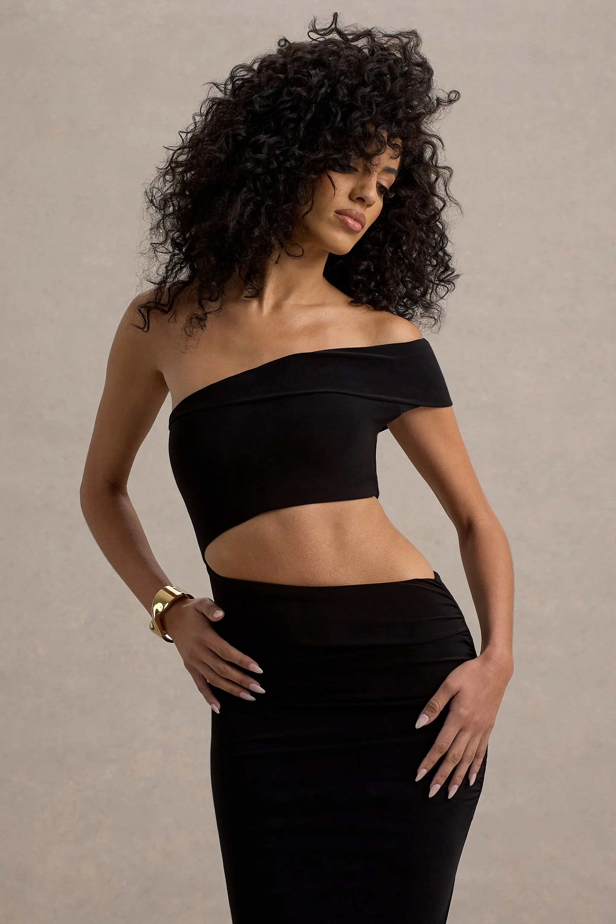 Milos | Black One-Shoulder Cut-Out Maxi Dress With Split Club L London