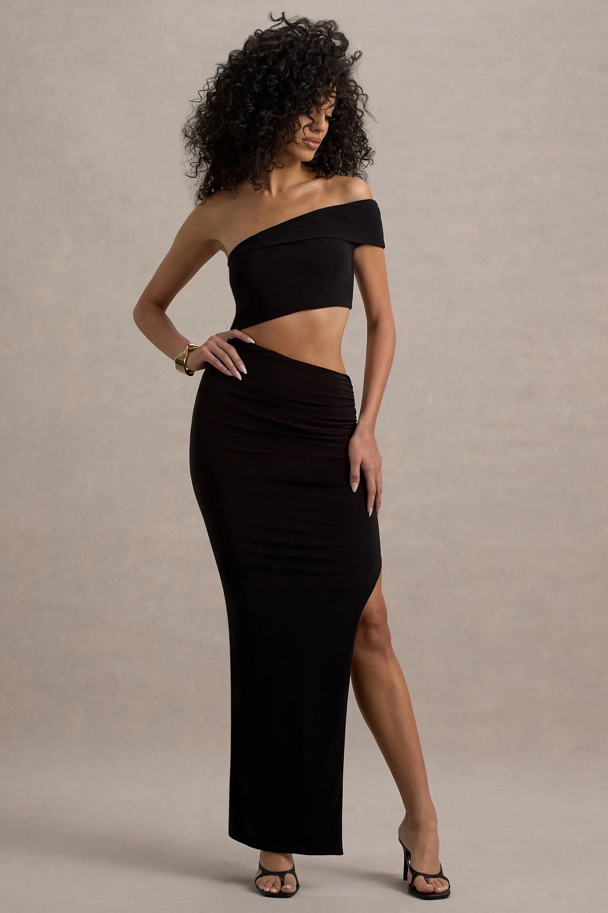 Milos | Black One-Shoulder Cut-Out Maxi Dress With Split Club L London