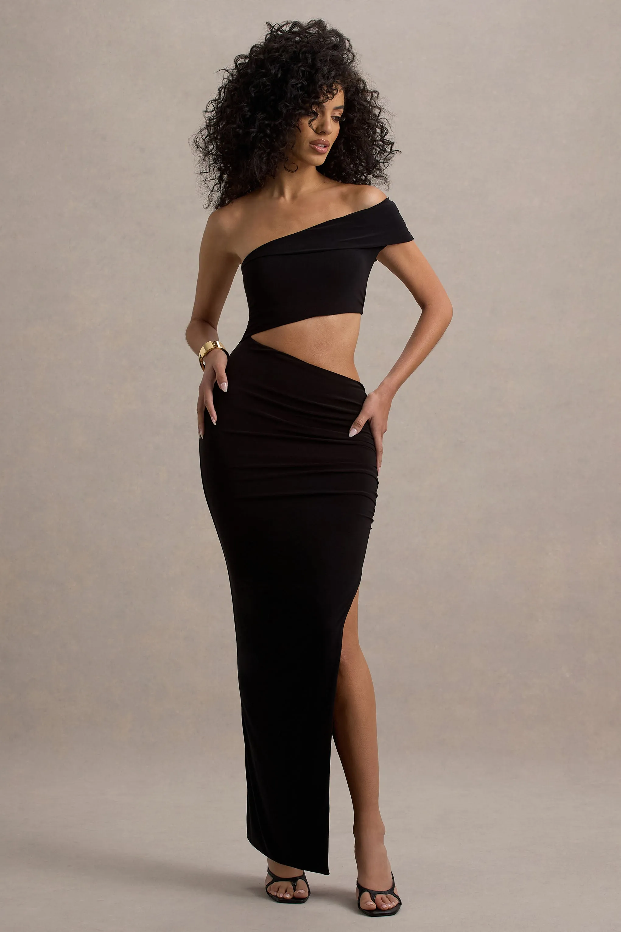 Milos | Black One-Shoulder Cut-Out Maxi Dress With Split Club L London