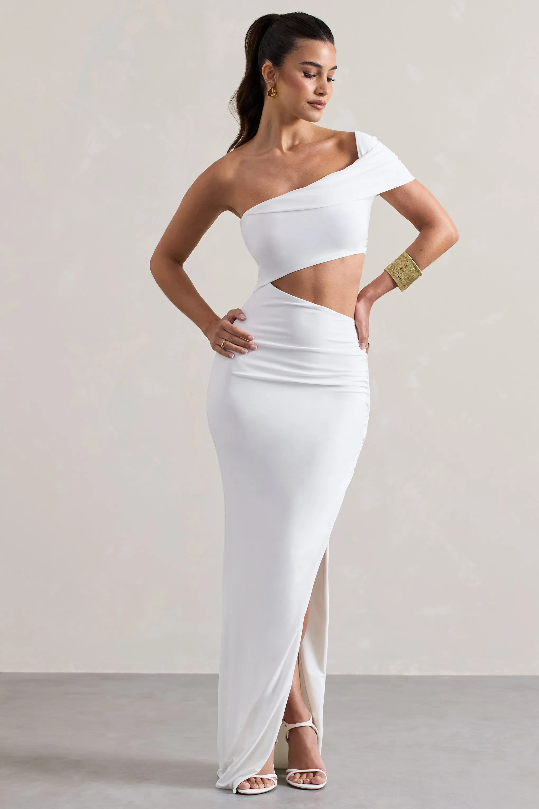 Milos | White One-Shoulder Cut-Out Maxi Dress With Split Club L London