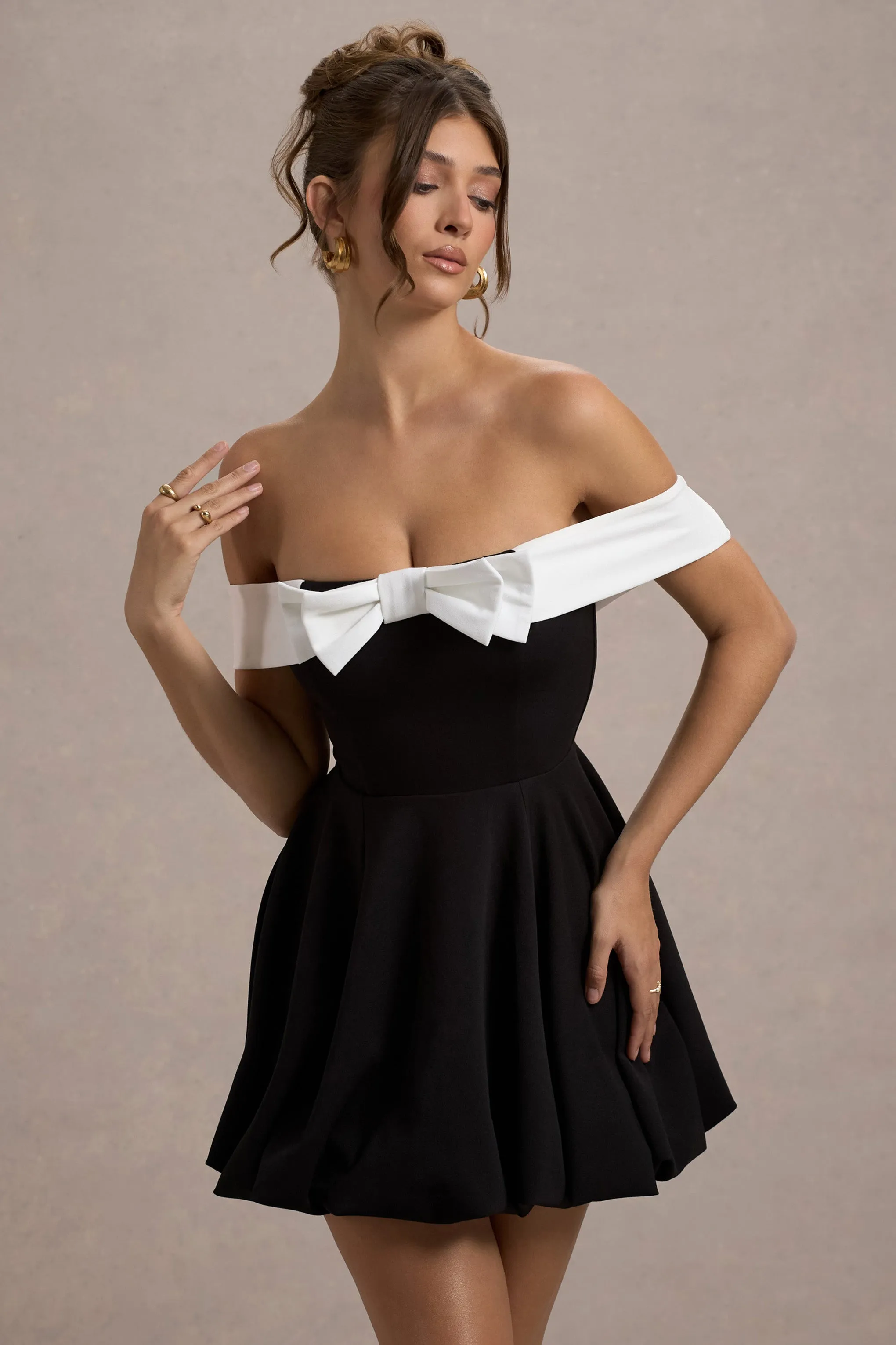 Minimoiselle | Black & White Bow Bardot Mini Dress With Puff-Ball Skirt Club L London