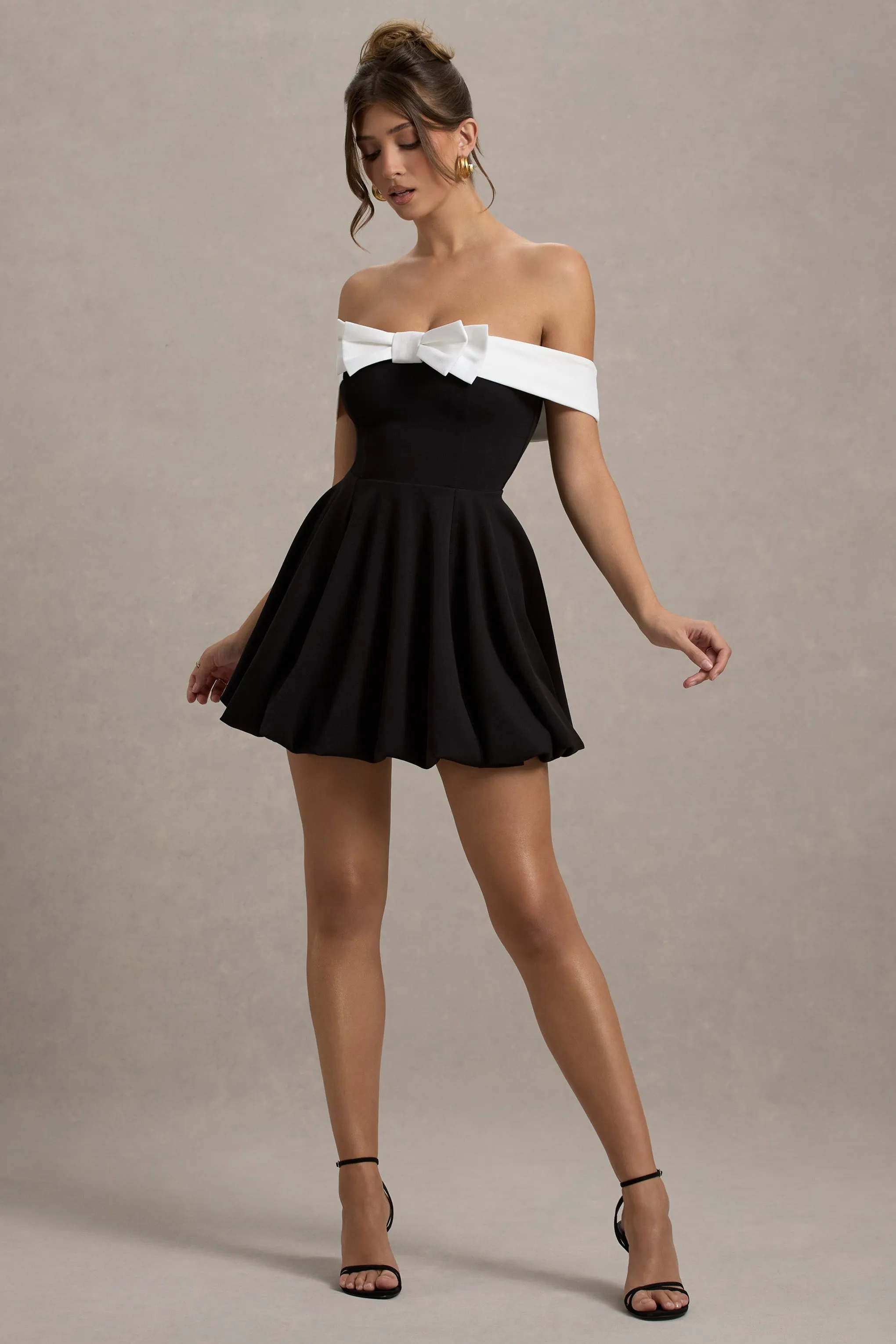 Minimoiselle | Black & White Bow Bardot Mini Dress With Puff-Ball Skirt Club L London