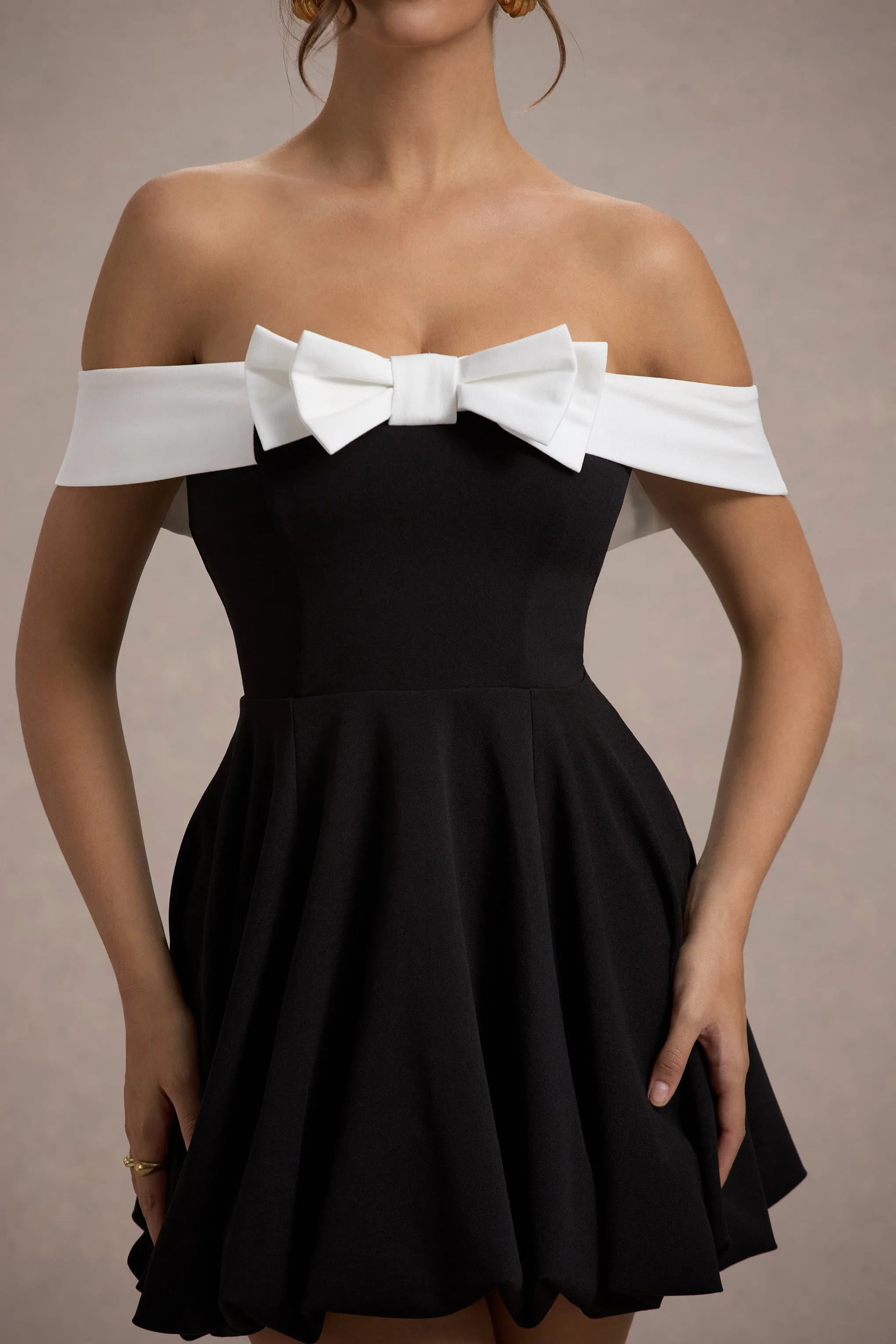 Minimoiselle | Black & White Bow Bardot Mini Dress With Puff-Ball Skirt Club L London