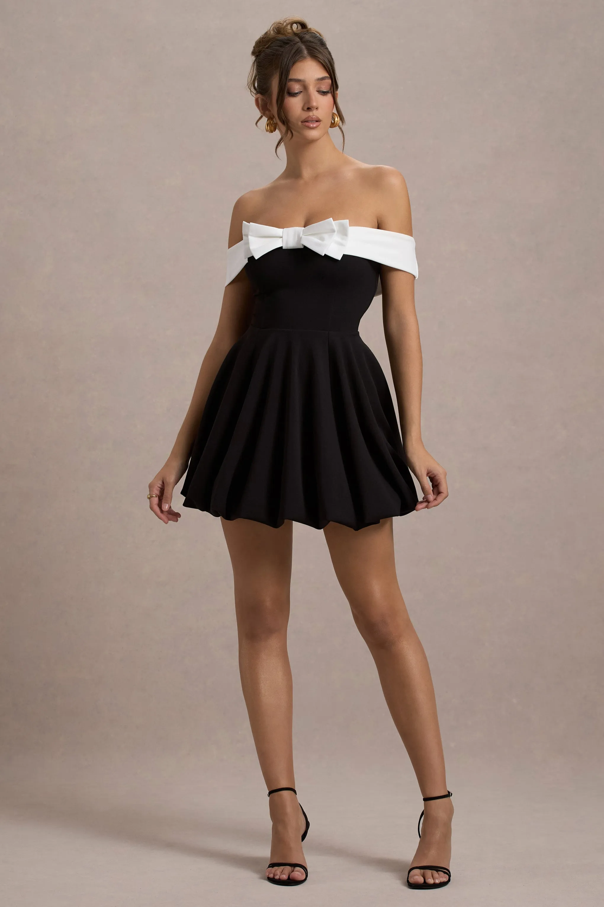 Minimoiselle | Black & White Bow Bardot Mini Dress With Puff-Ball Skirt Club L London