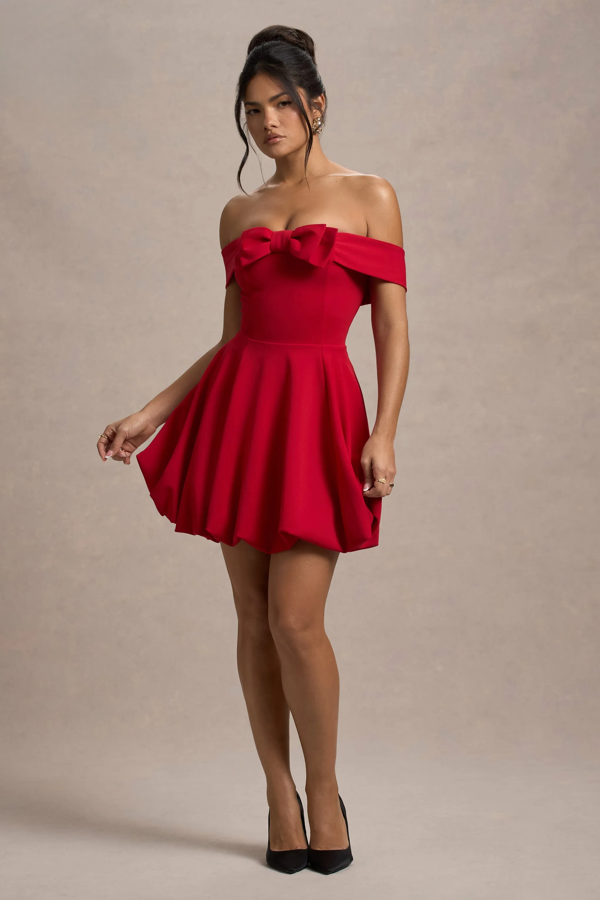 Minimoiselle | Red Bow Bardot Mini Dress With Puff-Ball Skirt Club L London