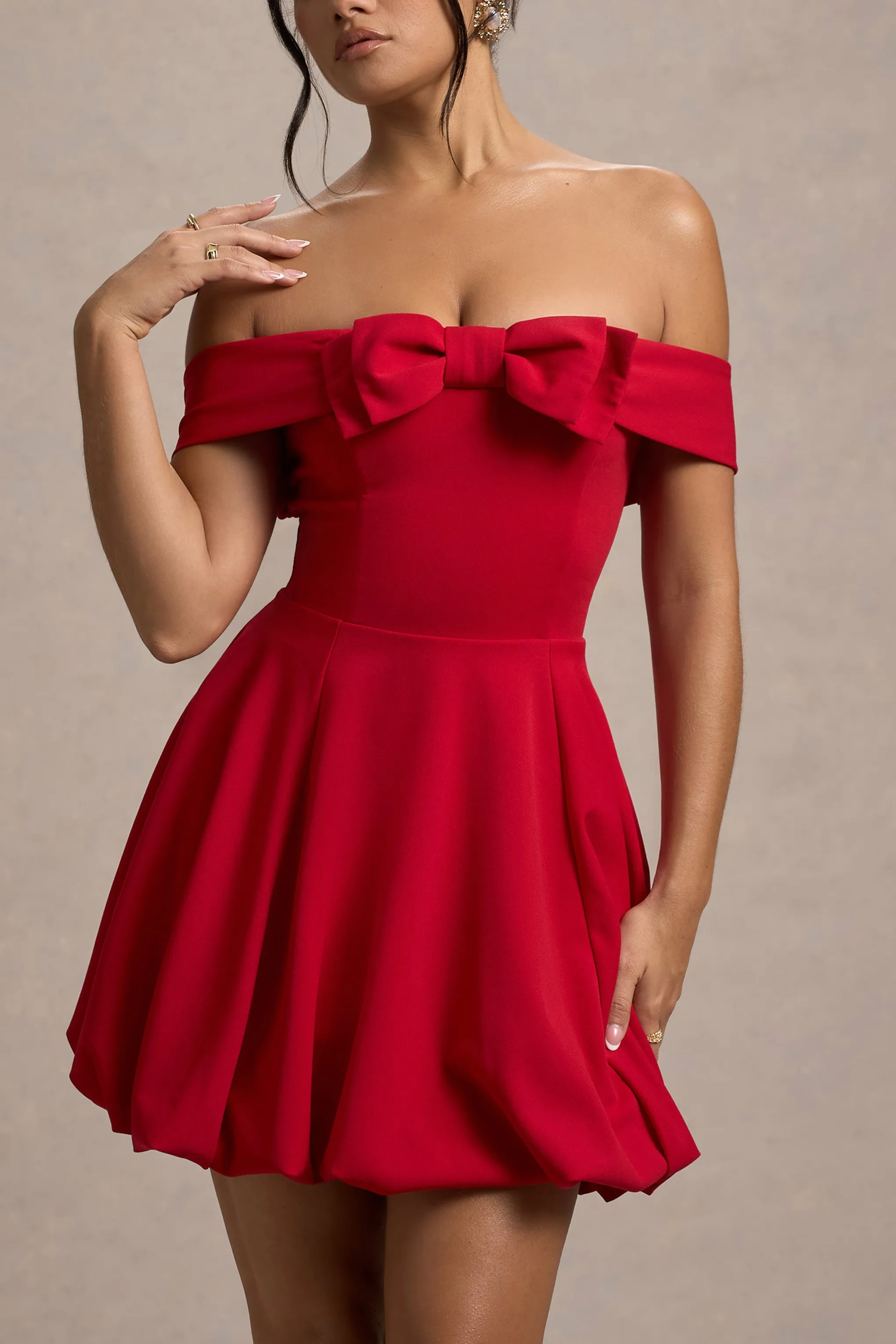 Minimoiselle | Red Bow Bardot Mini Dress With Puff-Ball Skirt Club L London