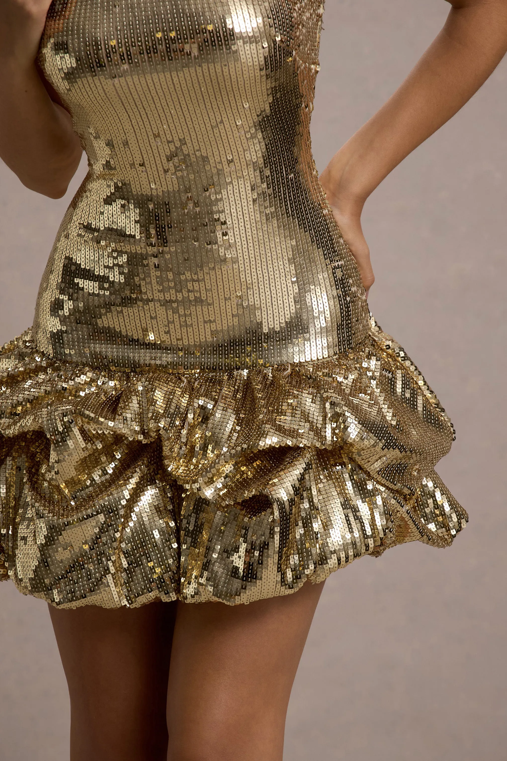 Mirabelle | Gold Sequin Bandeau Mini Dress With Puff Hem Club L London