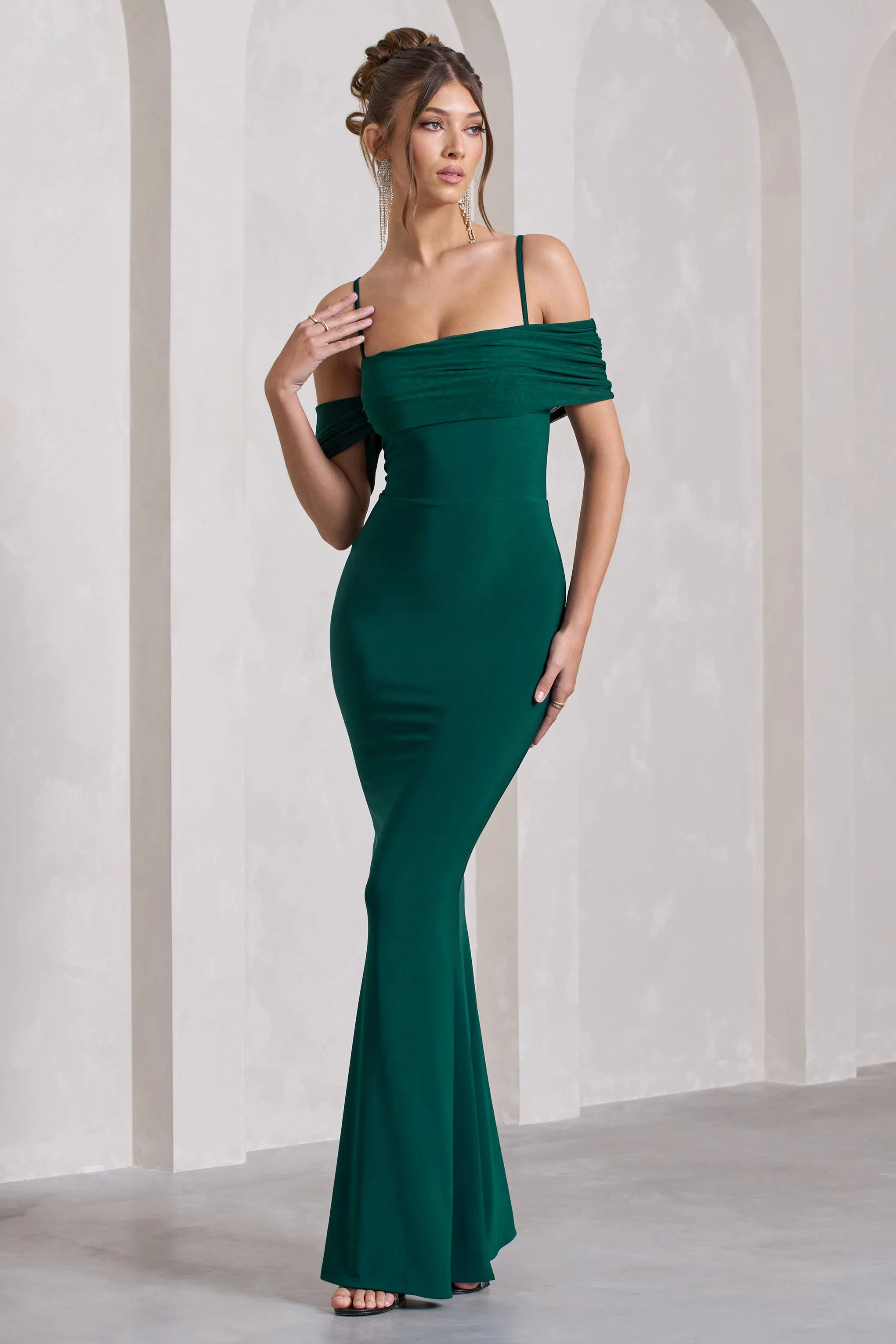 Miracle | Bottle Green Strappy Mesh Bardot Maxi Dress Club L London