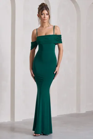 Miracle | Bottle Green Strappy Mesh Bardot Maxi Dress Club L London