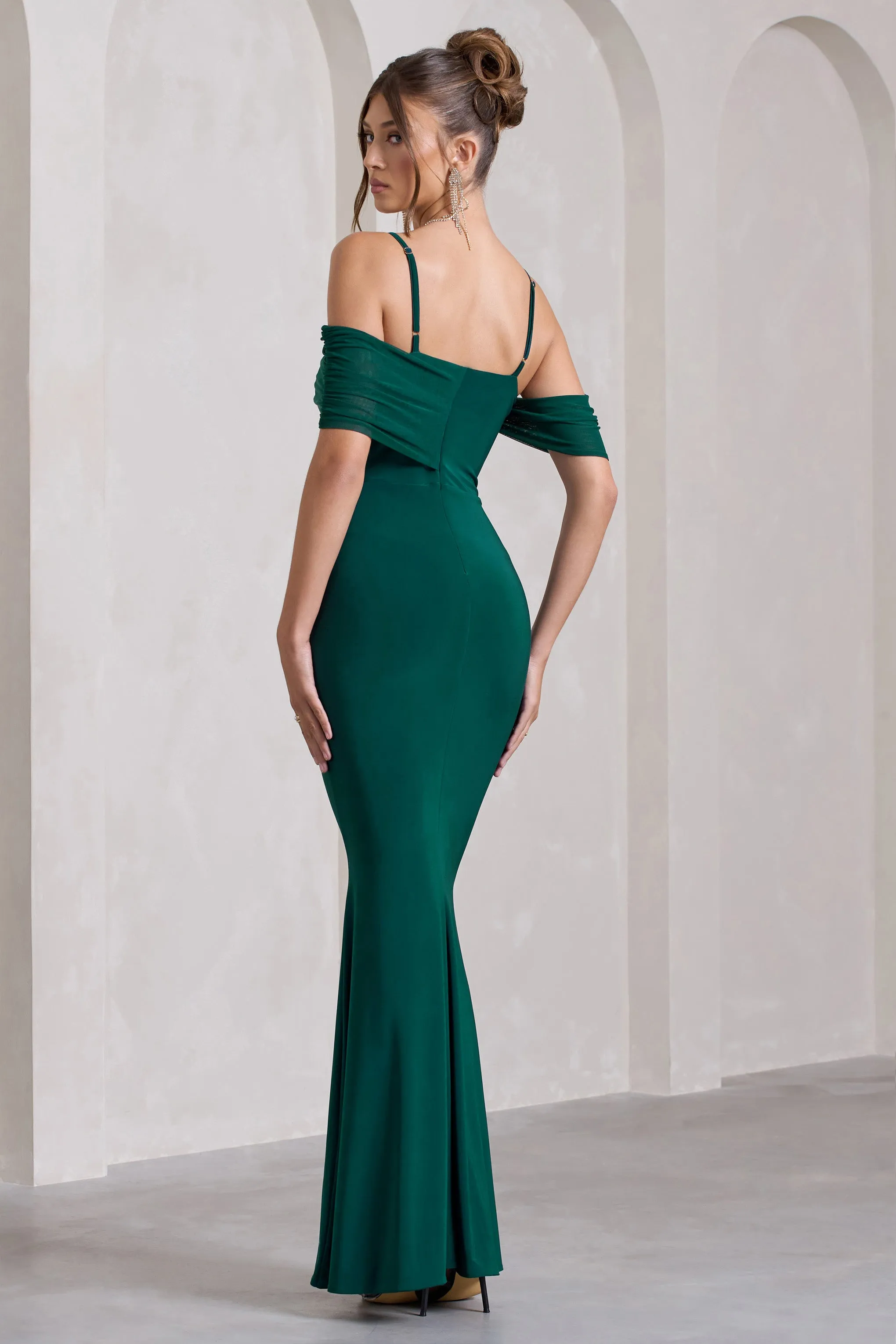 Miracle | Bottle Green Strappy Mesh Bardot Maxi Dress Club L London