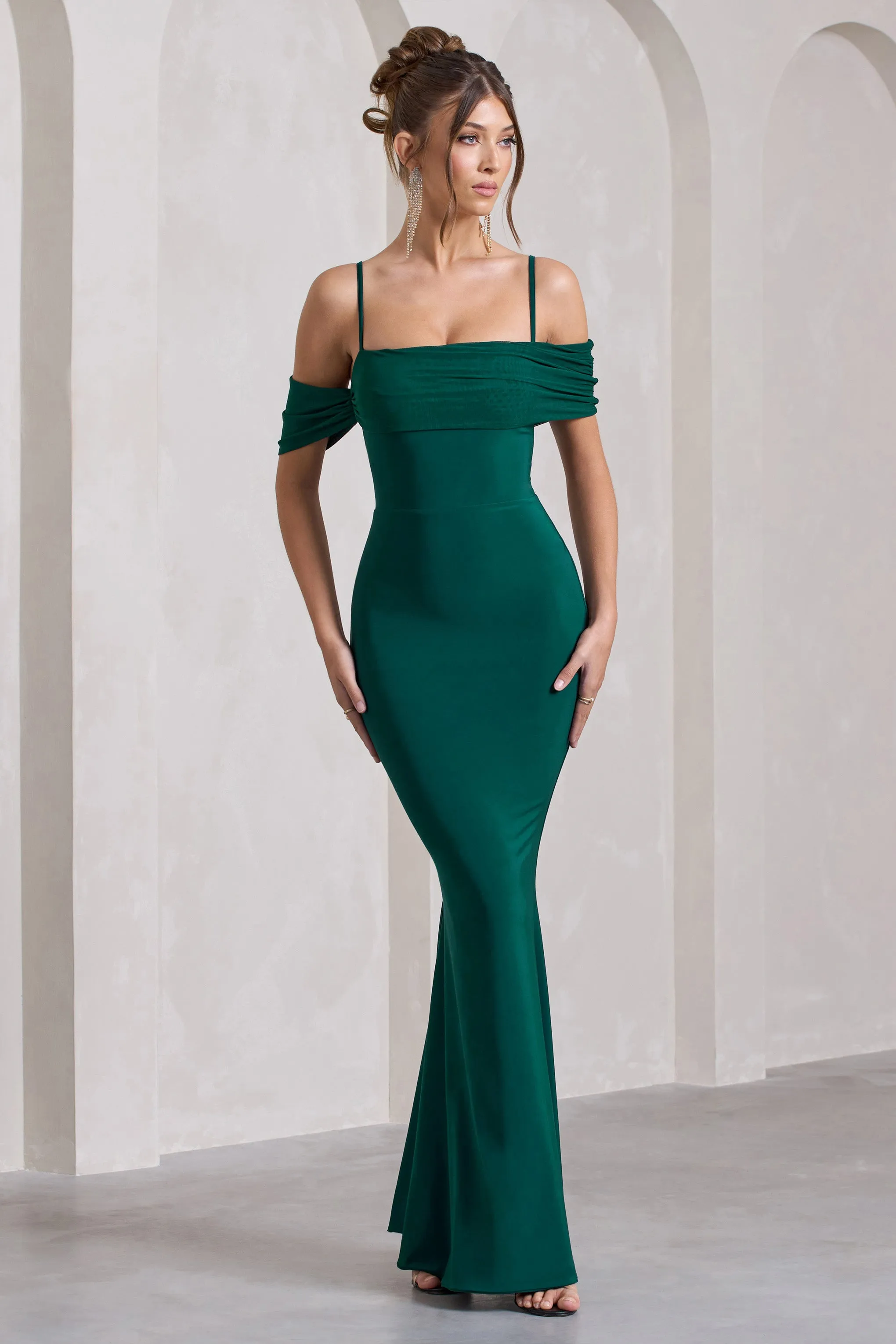 Miracle | Bottle Green Strappy Mesh Bardot Maxi Dress Club L London