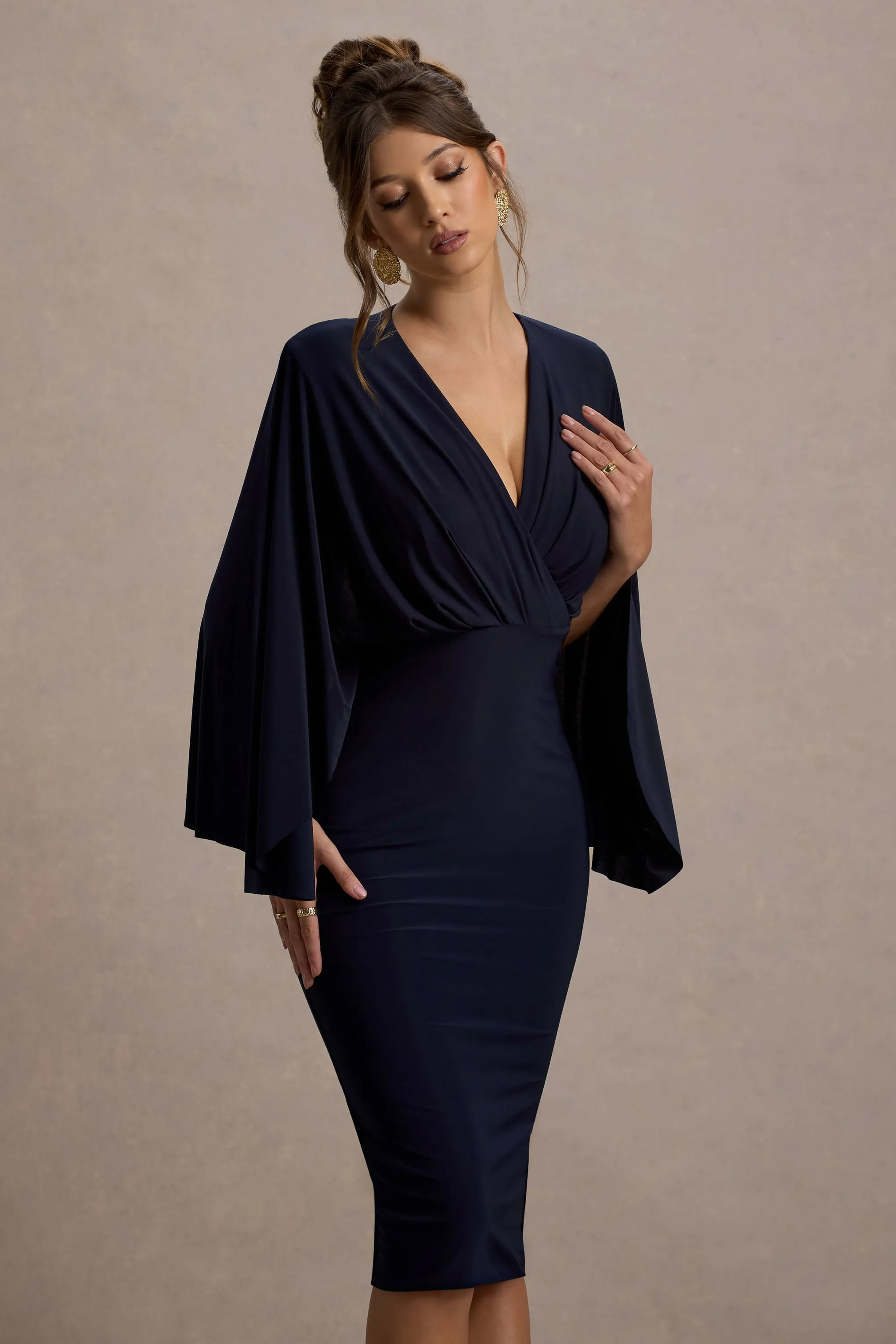 Mishka | Navy Plunge-Neck Cape Midi Dress Club L London