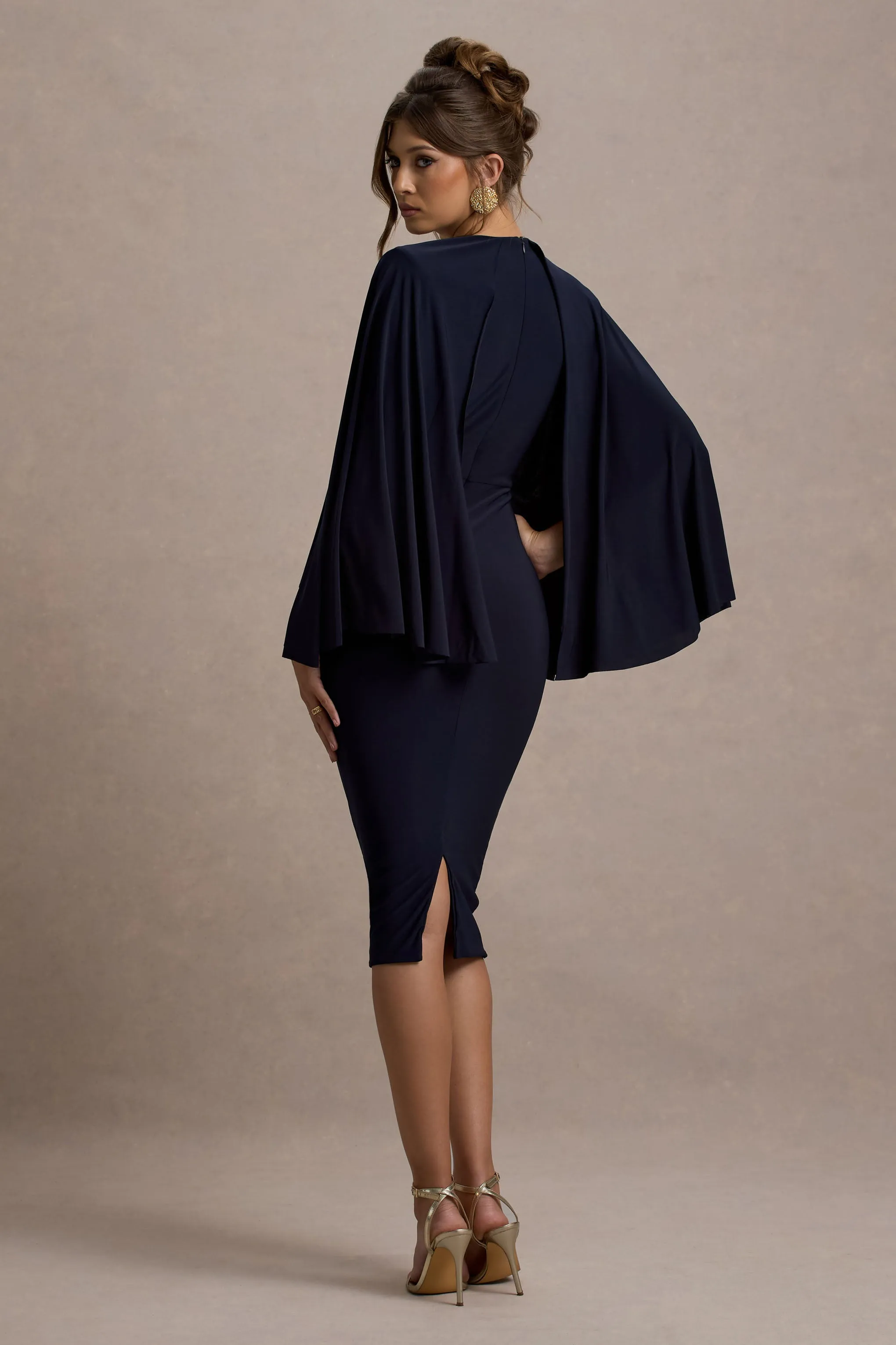 Mishka | Navy Plunge-Neck Cape Midi Dress Club L London