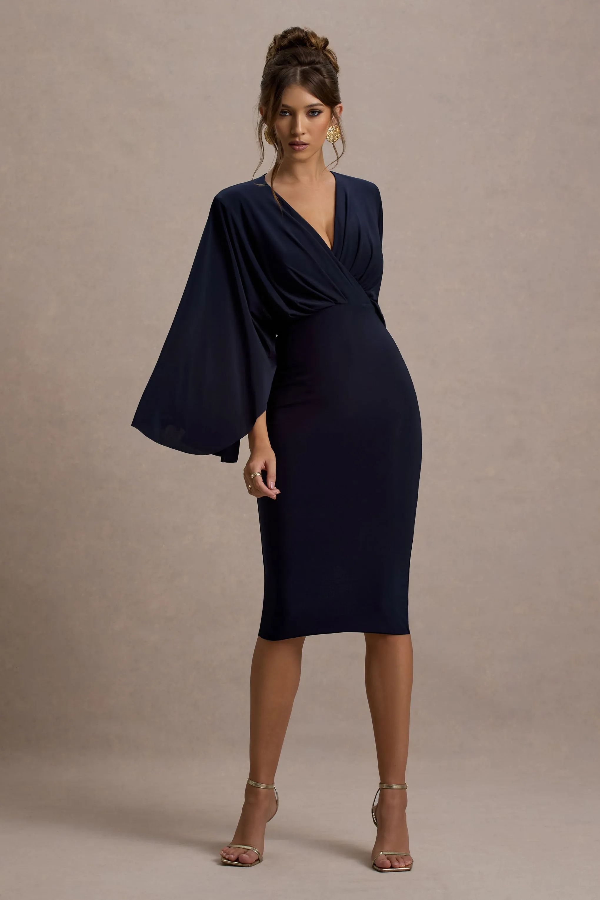 Mishka | Navy Plunge-Neck Cape Midi Dress Club L London