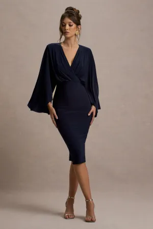 Mishka | Navy Plunge-Neck Cape Midi Dress Club L London
