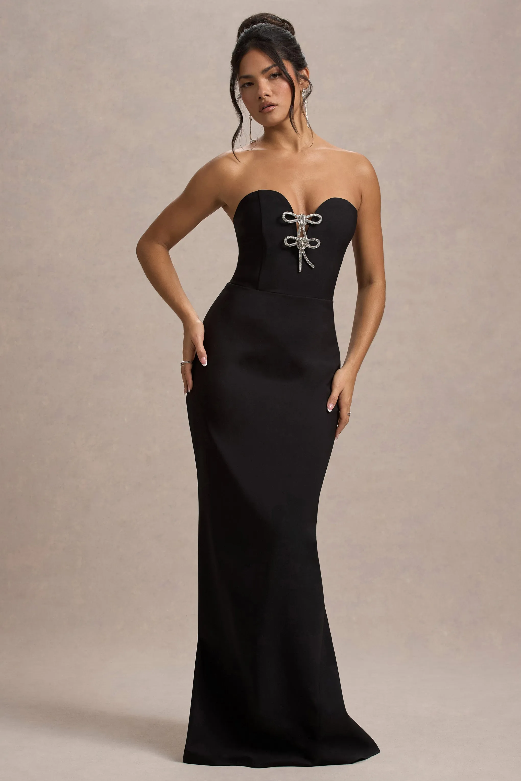 Molly | Black Strapless Sweetheart Maxi Dress With Bows Club L London