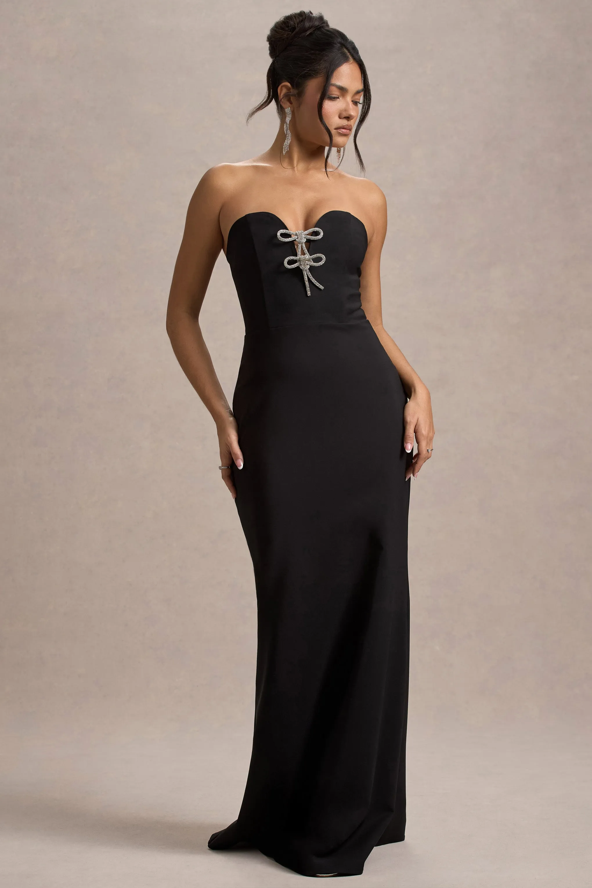 Molly | Black Strapless Sweetheart Maxi Dress With Bows Club L London