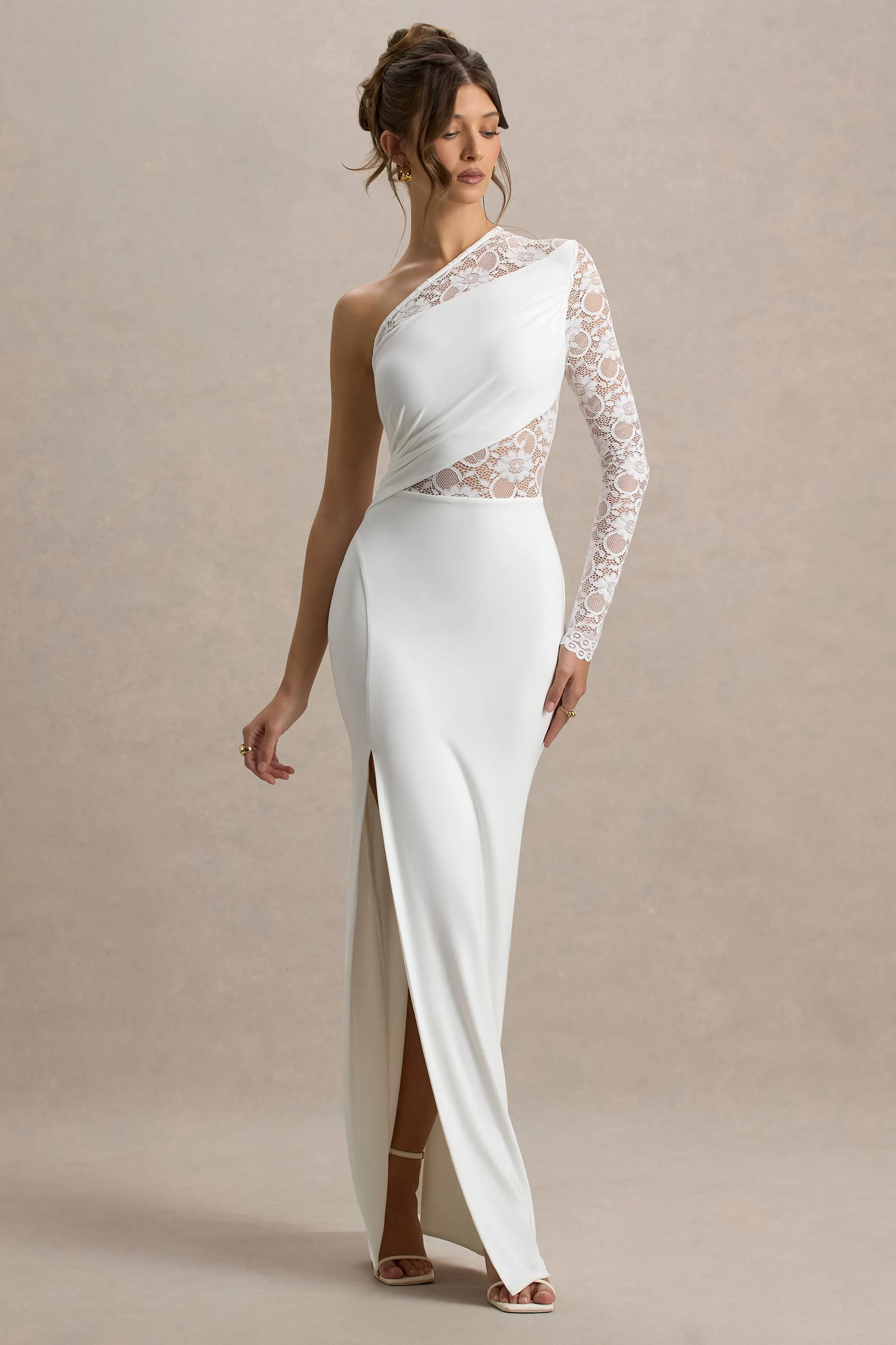 Moonlight | White Asymmetric Maxi Dress With Lace Detailing Club L London
