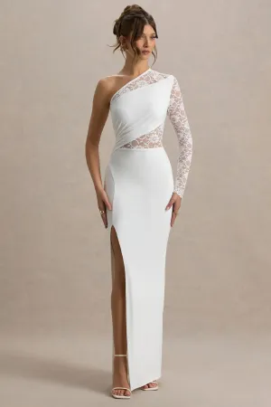 Moonlight | White Asymmetric Maxi Dress With Lace Detailing Club L London