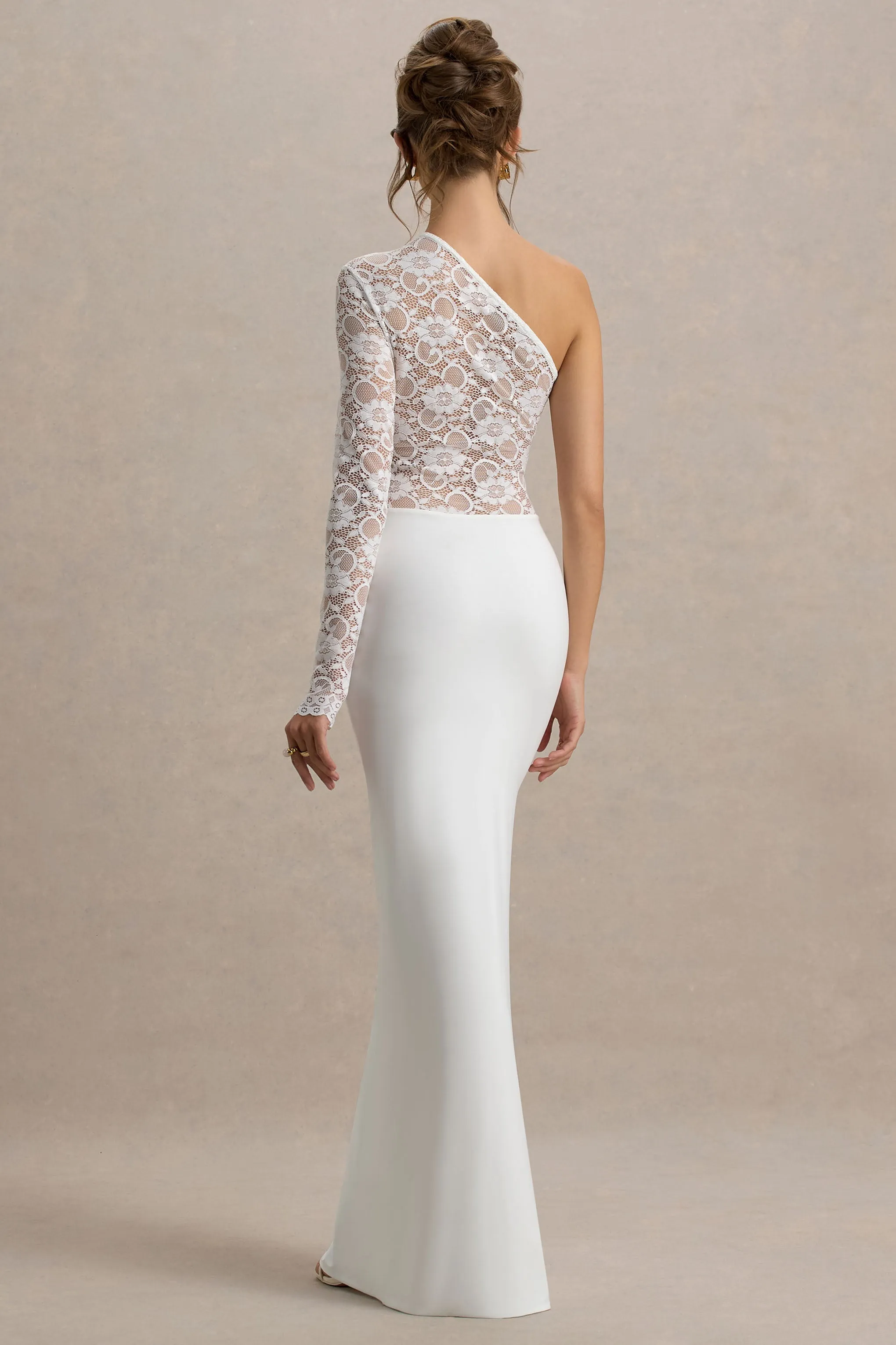 Moonlight | White Asymmetric Maxi Dress With Lace Detailing Club L London