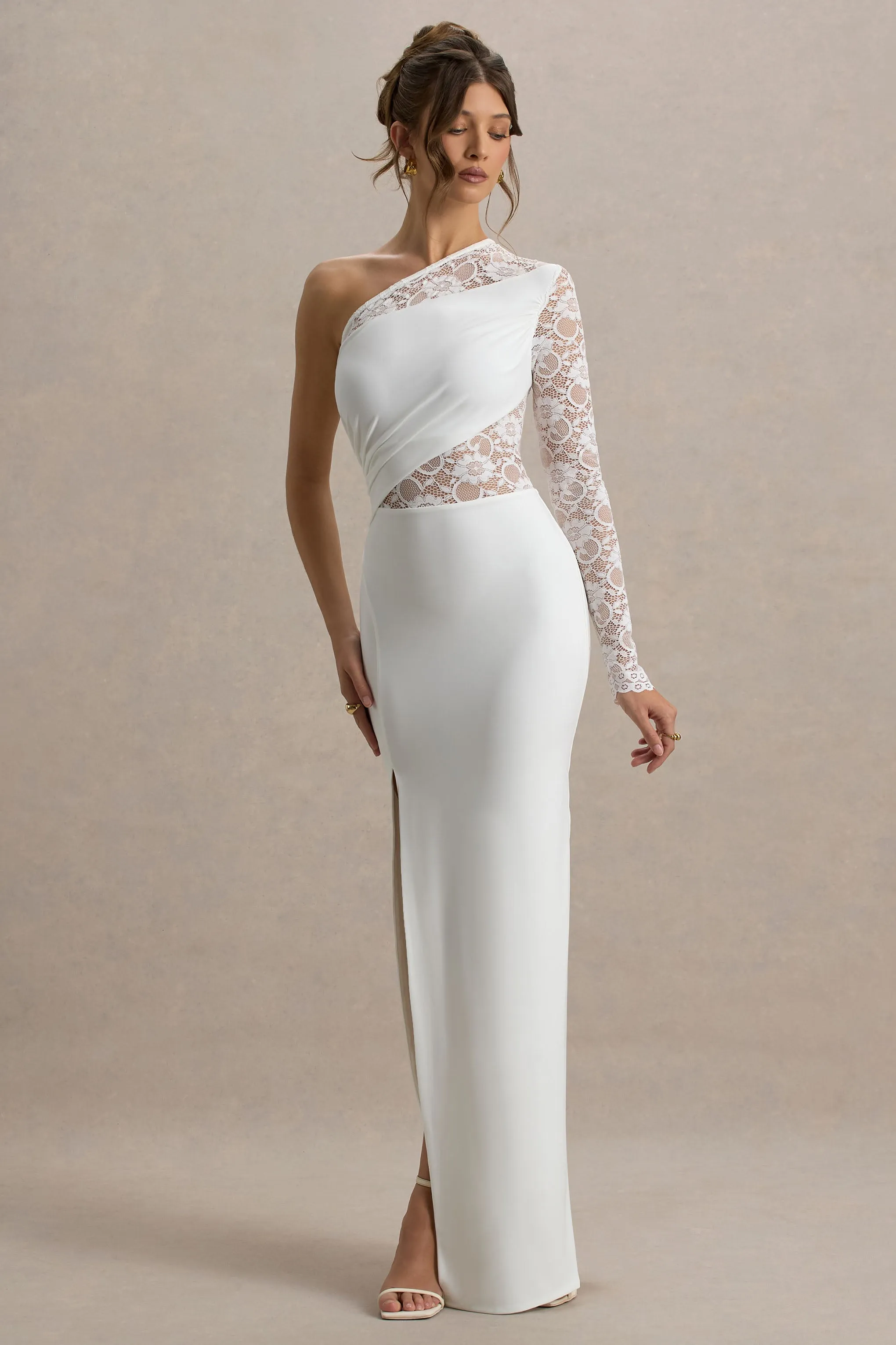 Moonlight | White Asymmetric Maxi Dress With Lace Detailing Club L London