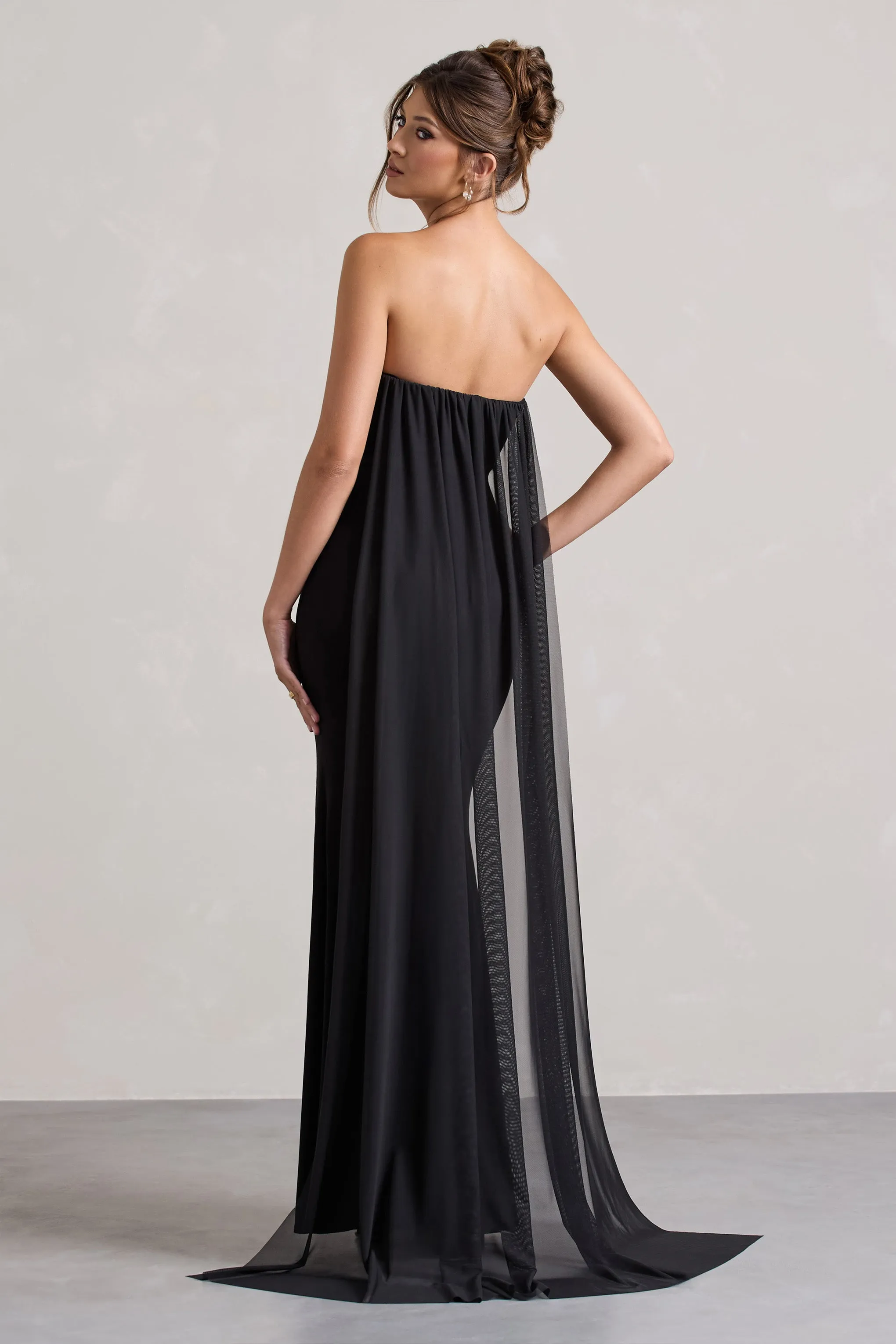 More To Come | Black Strapless Wrap Cape Maxi Dress With Corsage Club L London