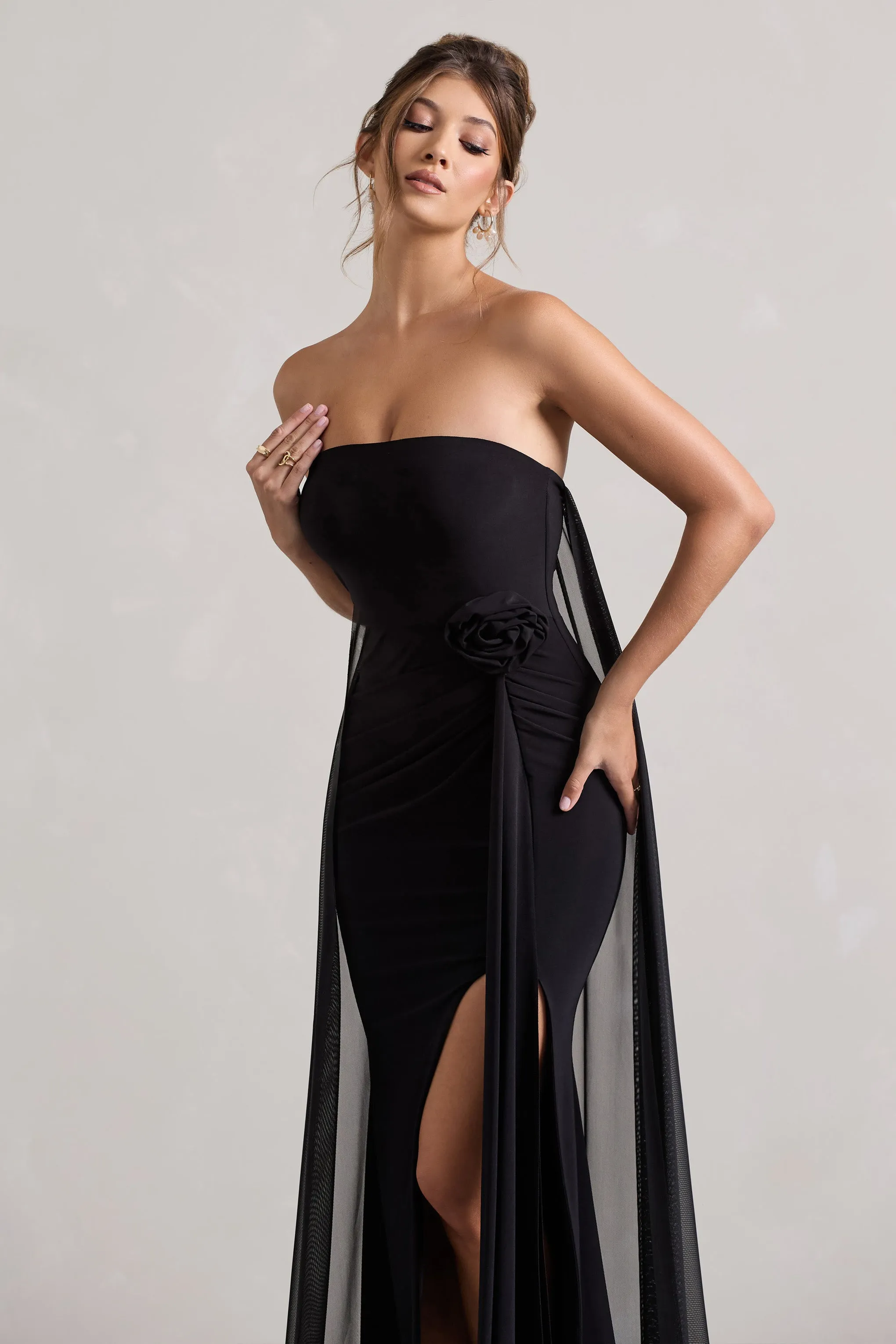 More To Come | Black Strapless Wrap Cape Maxi Dress With Corsage Club L London
