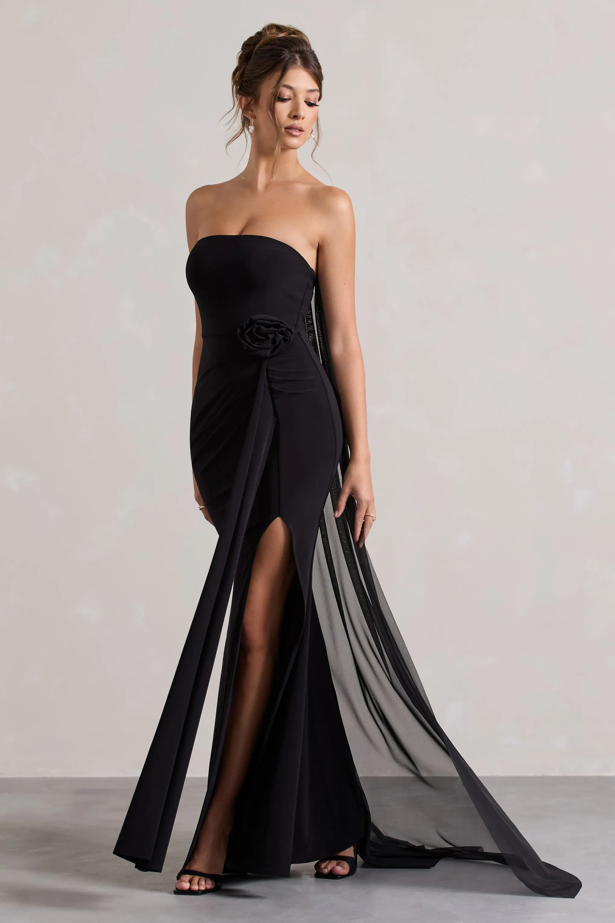 More To Come | Black Strapless Wrap Cape Maxi Dress With Corsage Club L London