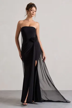 More To Come | Black Strapless Wrap Cape Maxi Dress With Corsage Club L London