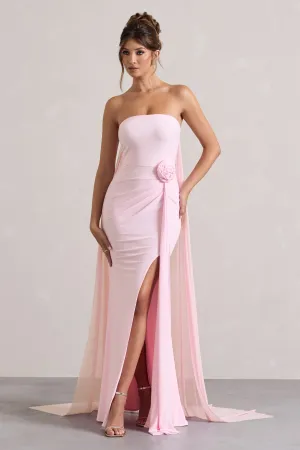 More To Come | Pink Strapless Wrap Cape Maxi Dress With Corsage Club L London