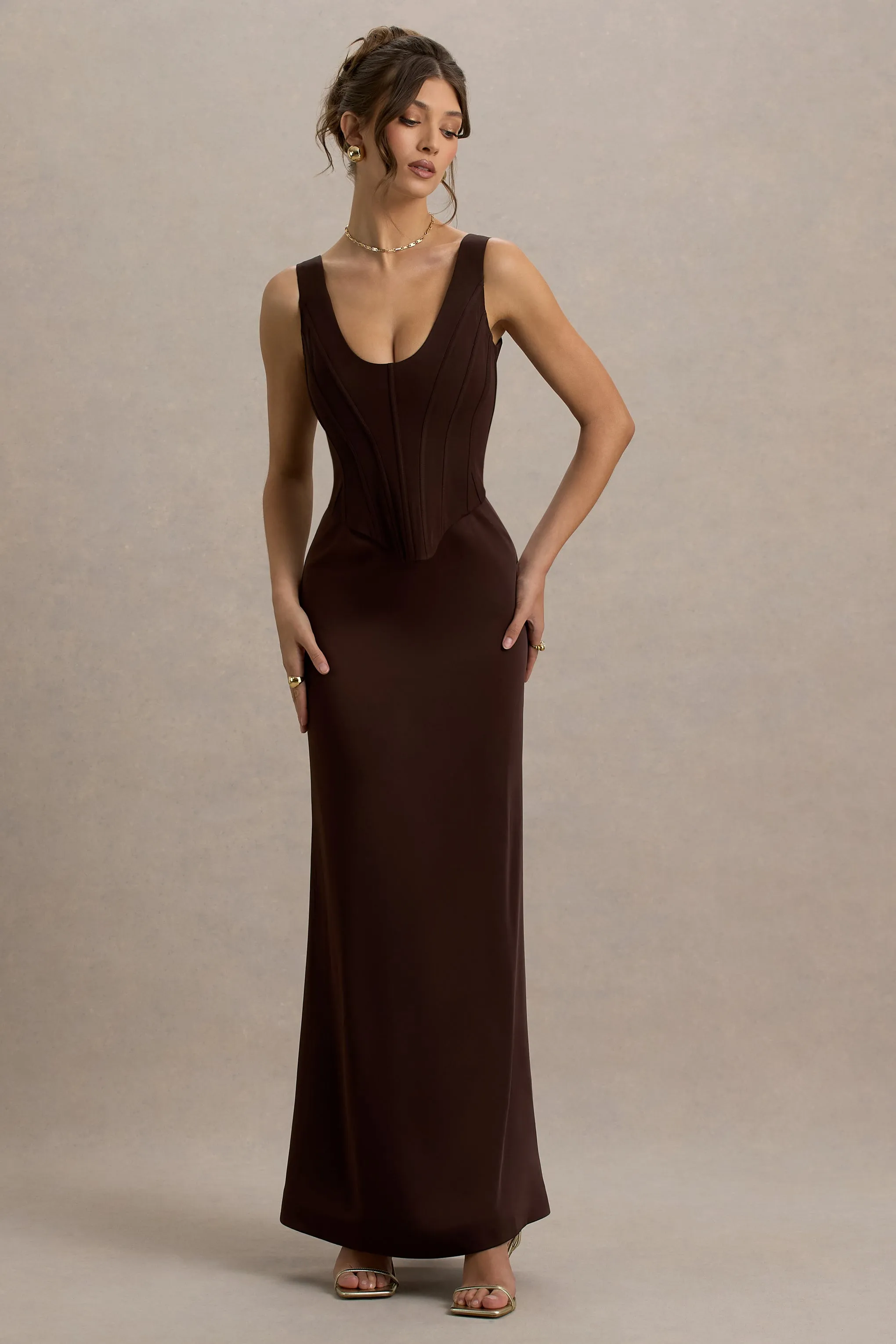 Morgan | Brown Satin Corset Maxi Dress Club L London