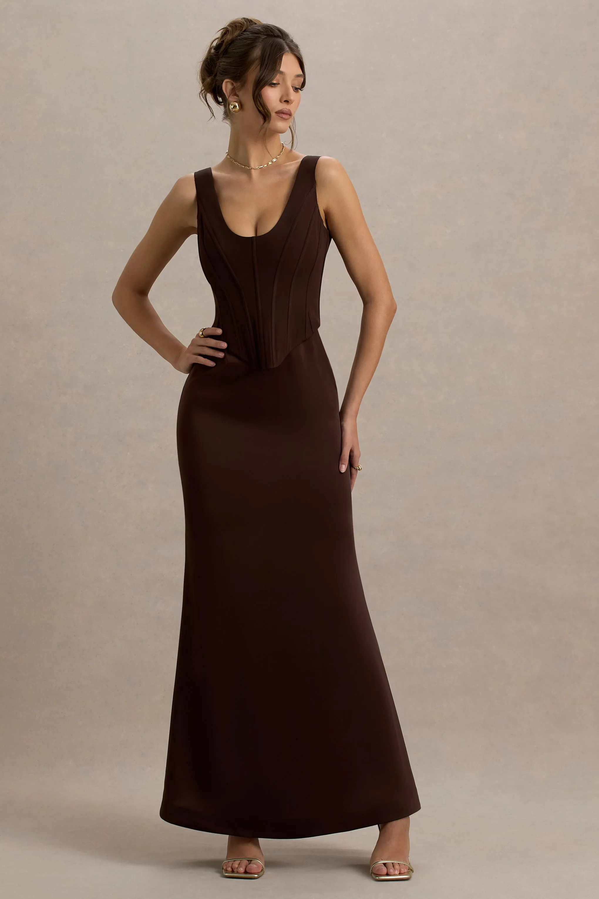 Morgan | Brown Satin Corset Maxi Dress Club L London