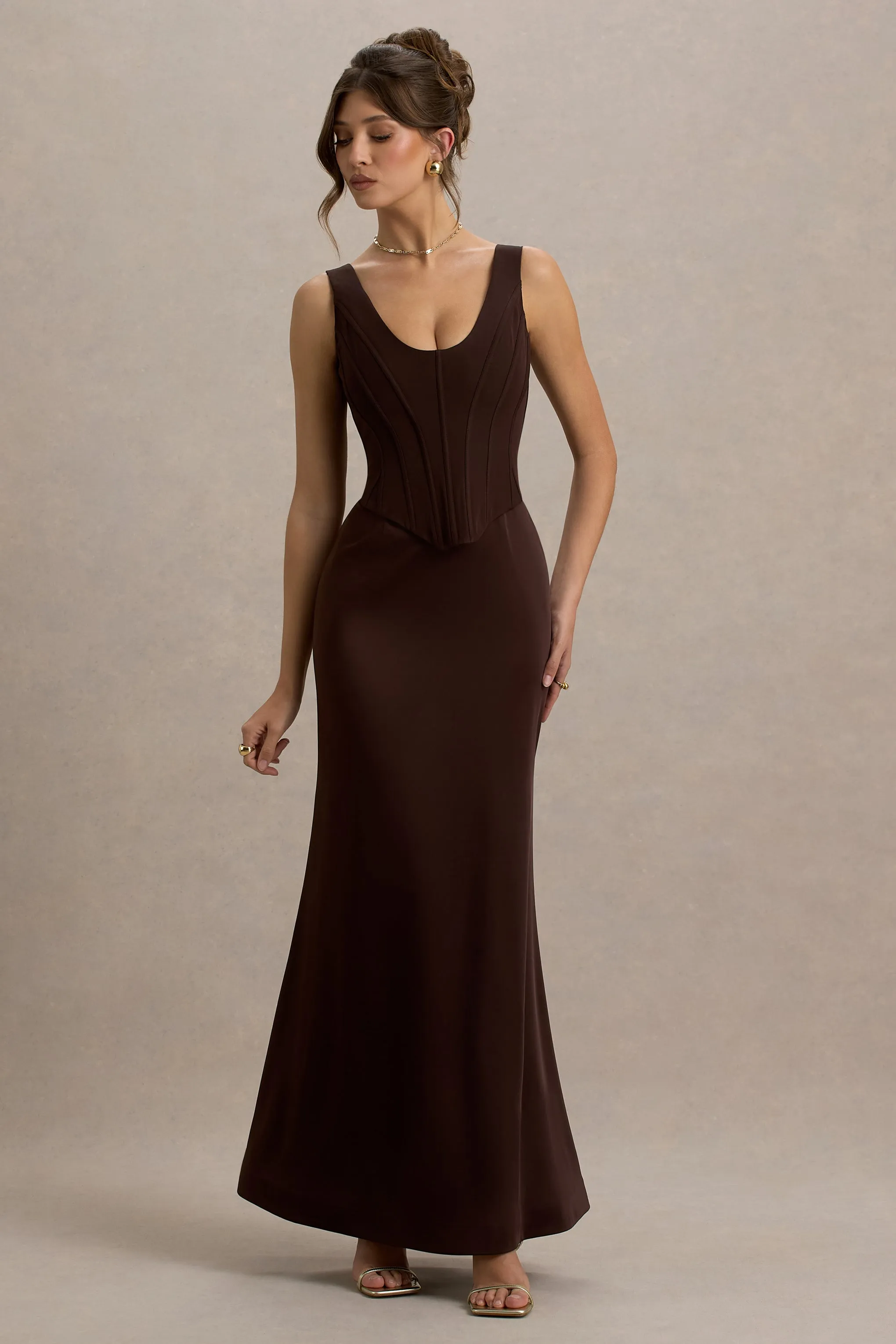 Morgan | Brown Satin Corset Maxi Dress Club L London