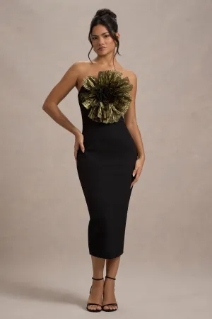 Moya | Black & Gold Bodycon Midi Dress With Corsage Detail Club L London