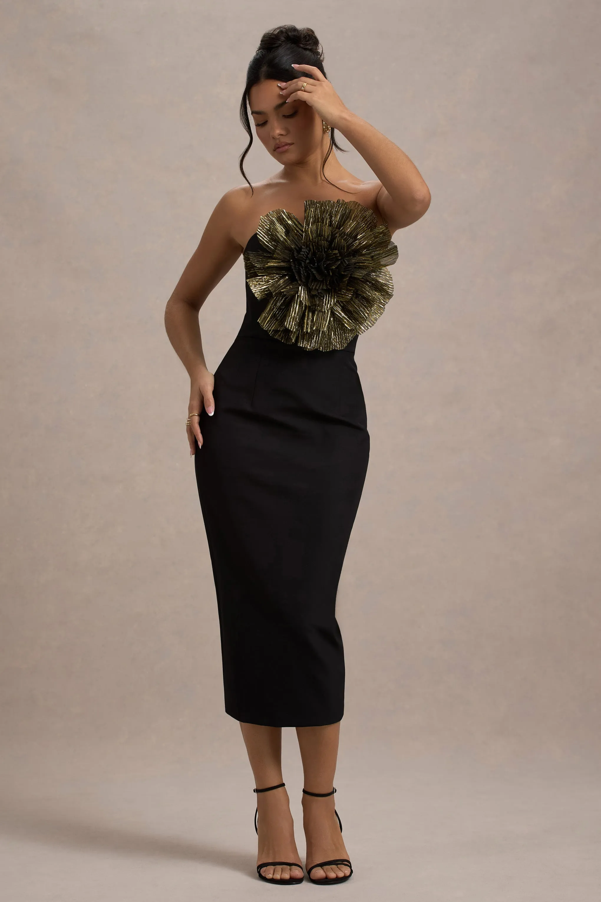 Moya | Black & Gold Bodycon Midi Dress With Corsage Detail Club L London