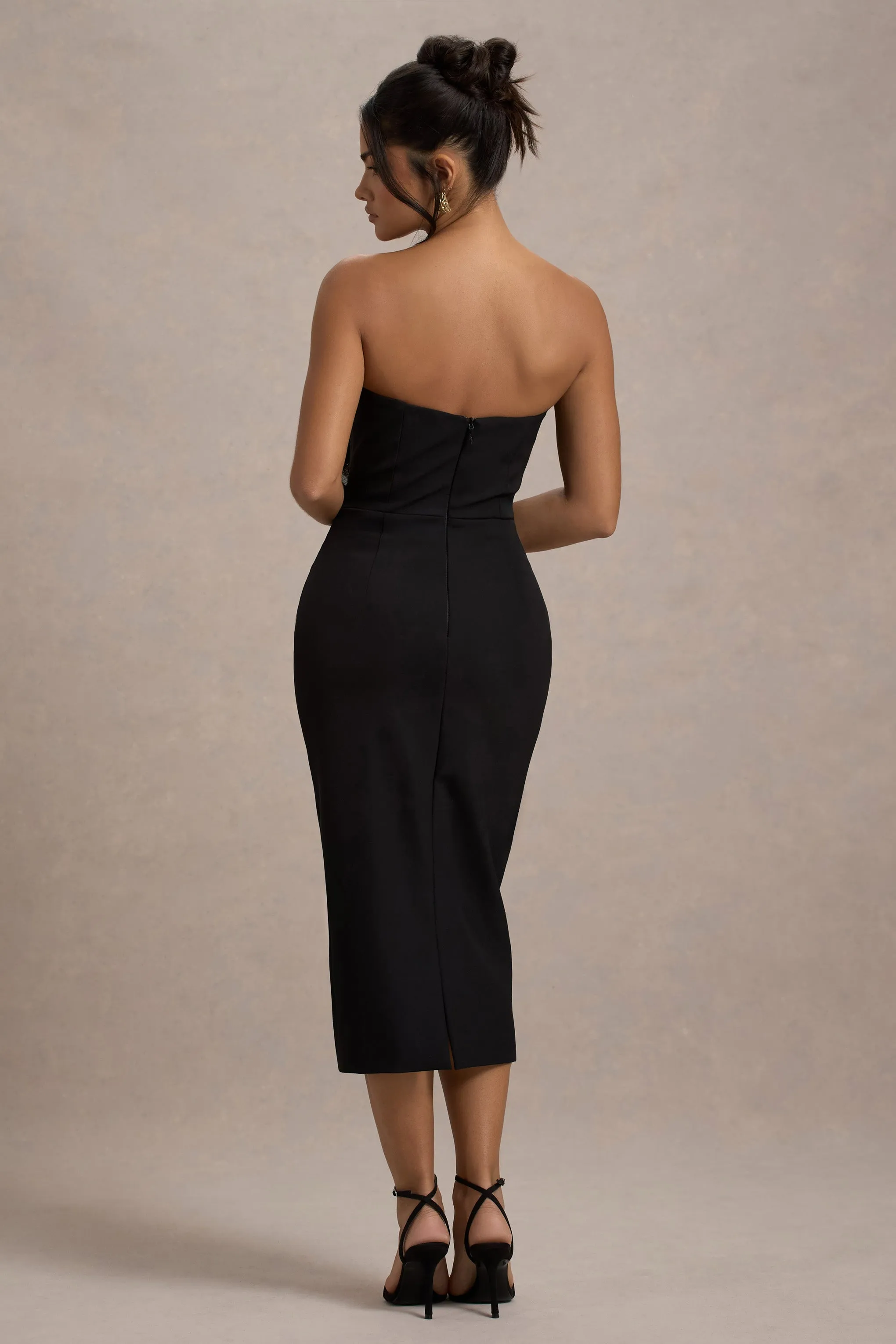 Moya | Black & Gold Bodycon Midi Dress With Corsage Detail Club L London