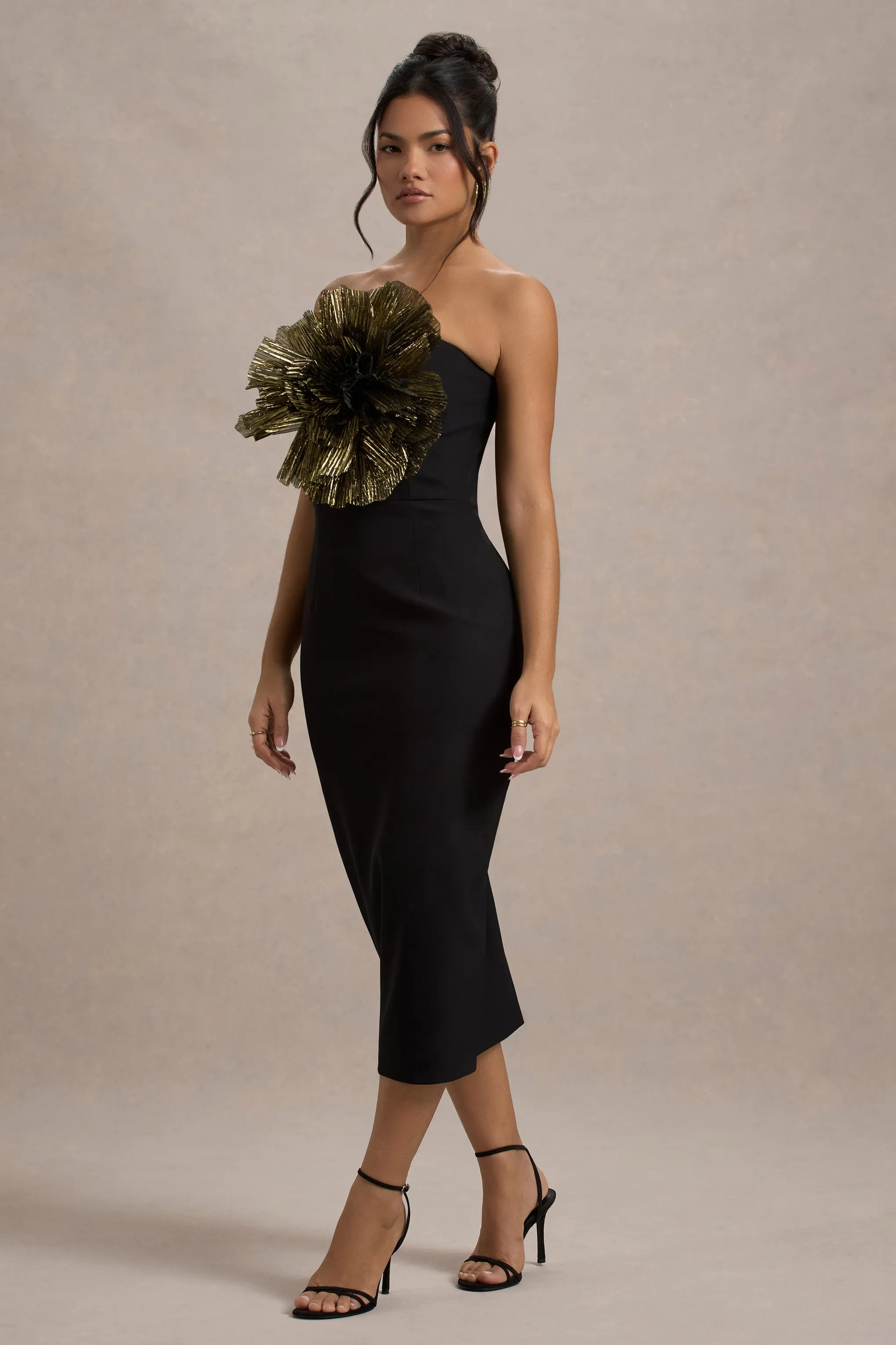 Moya | Black & Gold Bodycon Midi Dress With Corsage Detail Club L London