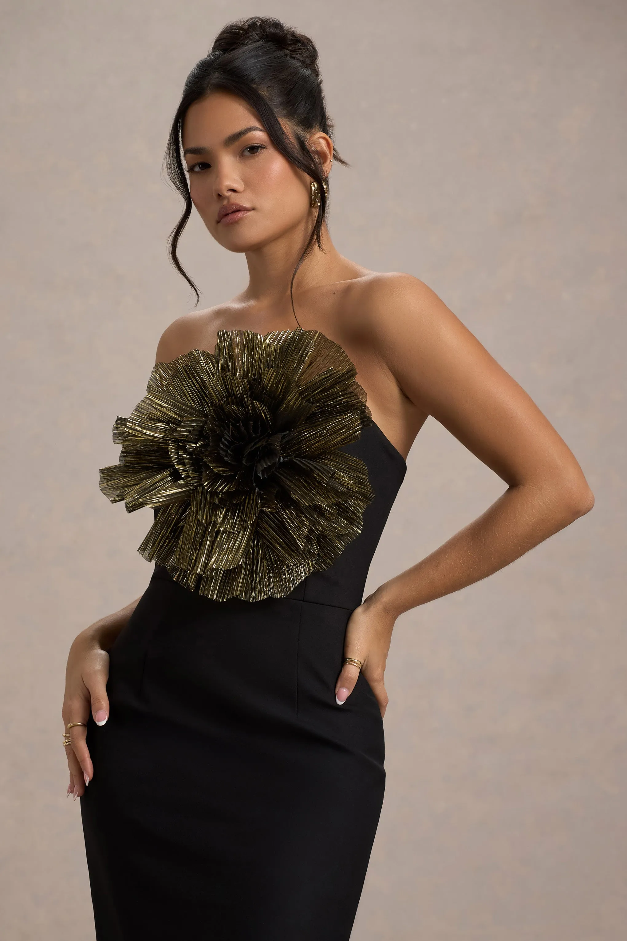 Moya | Black & Gold Bodycon Midi Dress With Corsage Detail Club L London