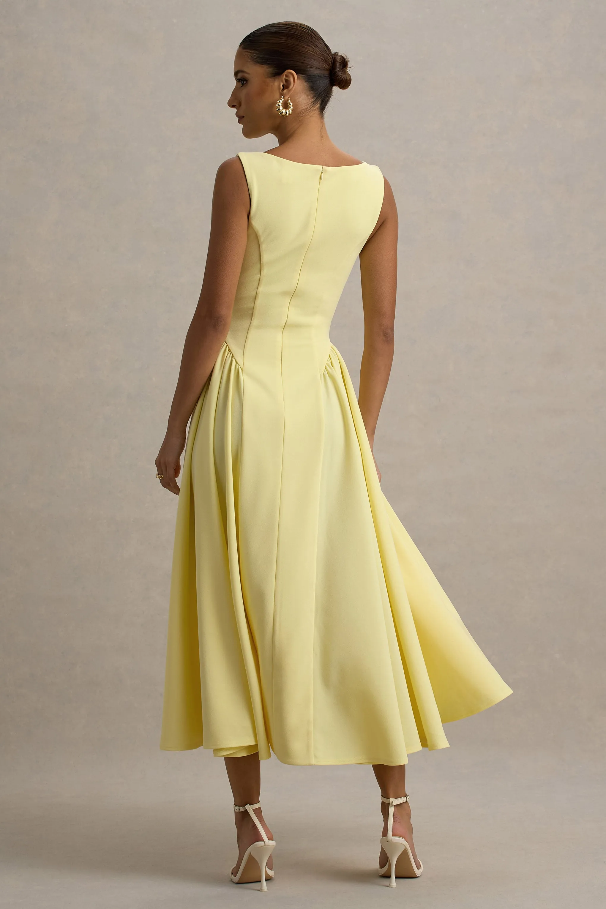 Muriel | Lemon Boat-Neck Volume-Hem Midi Dress Club L London