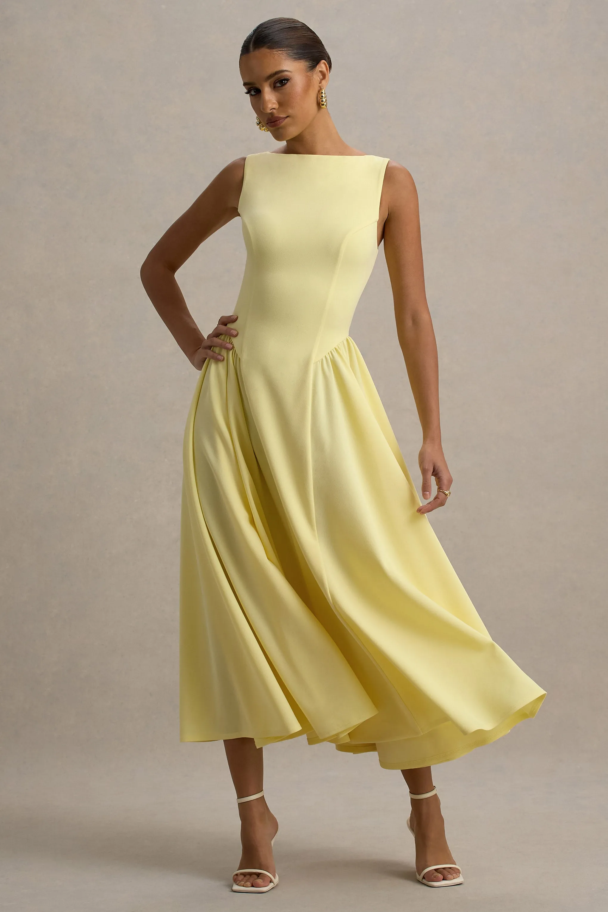 Muriel | Lemon Boat-Neck Volume-Hem Midi Dress Club L London