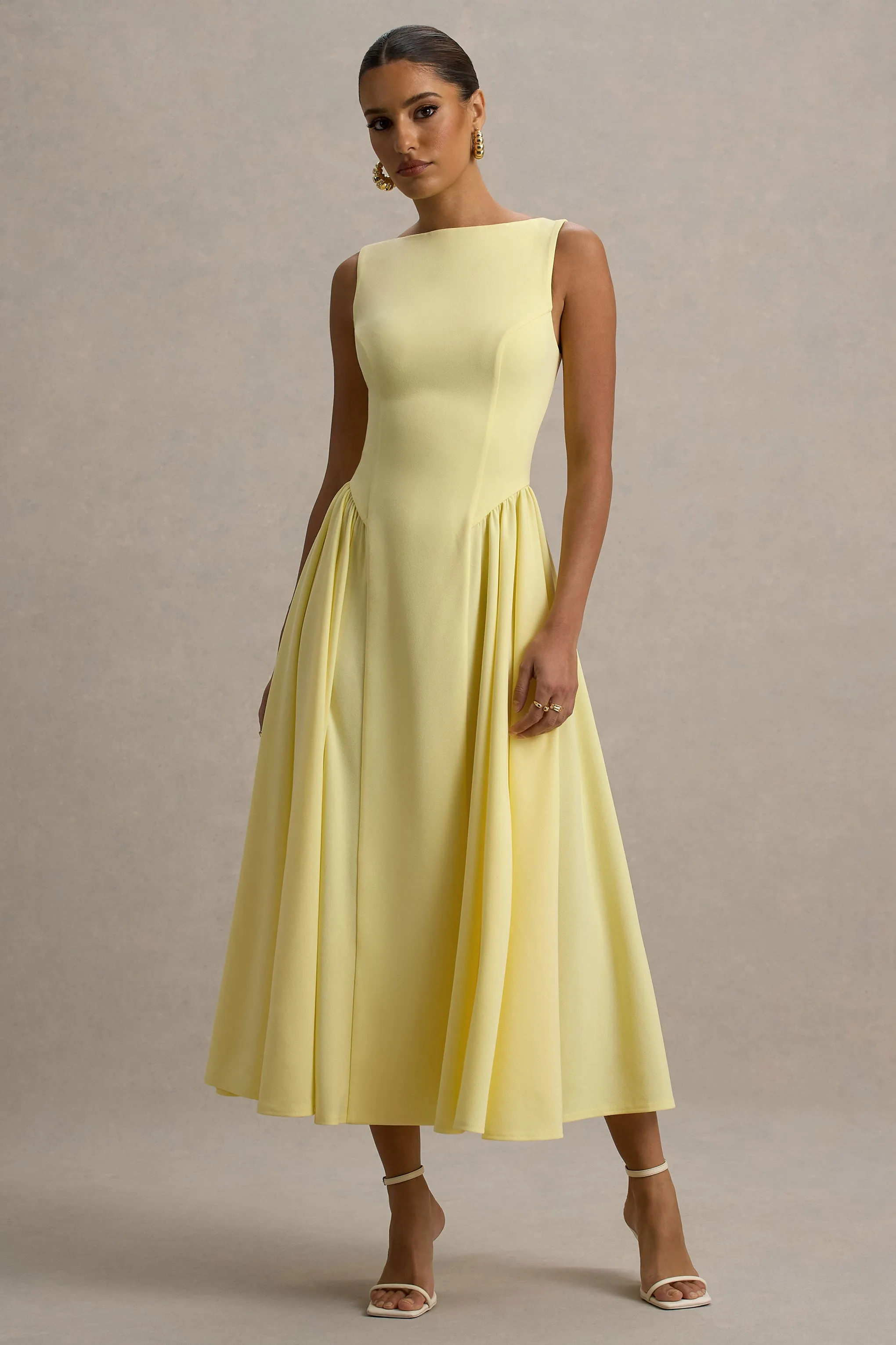 Muriel | Lemon Boat-Neck Volume-Hem Midi Dress Club L London