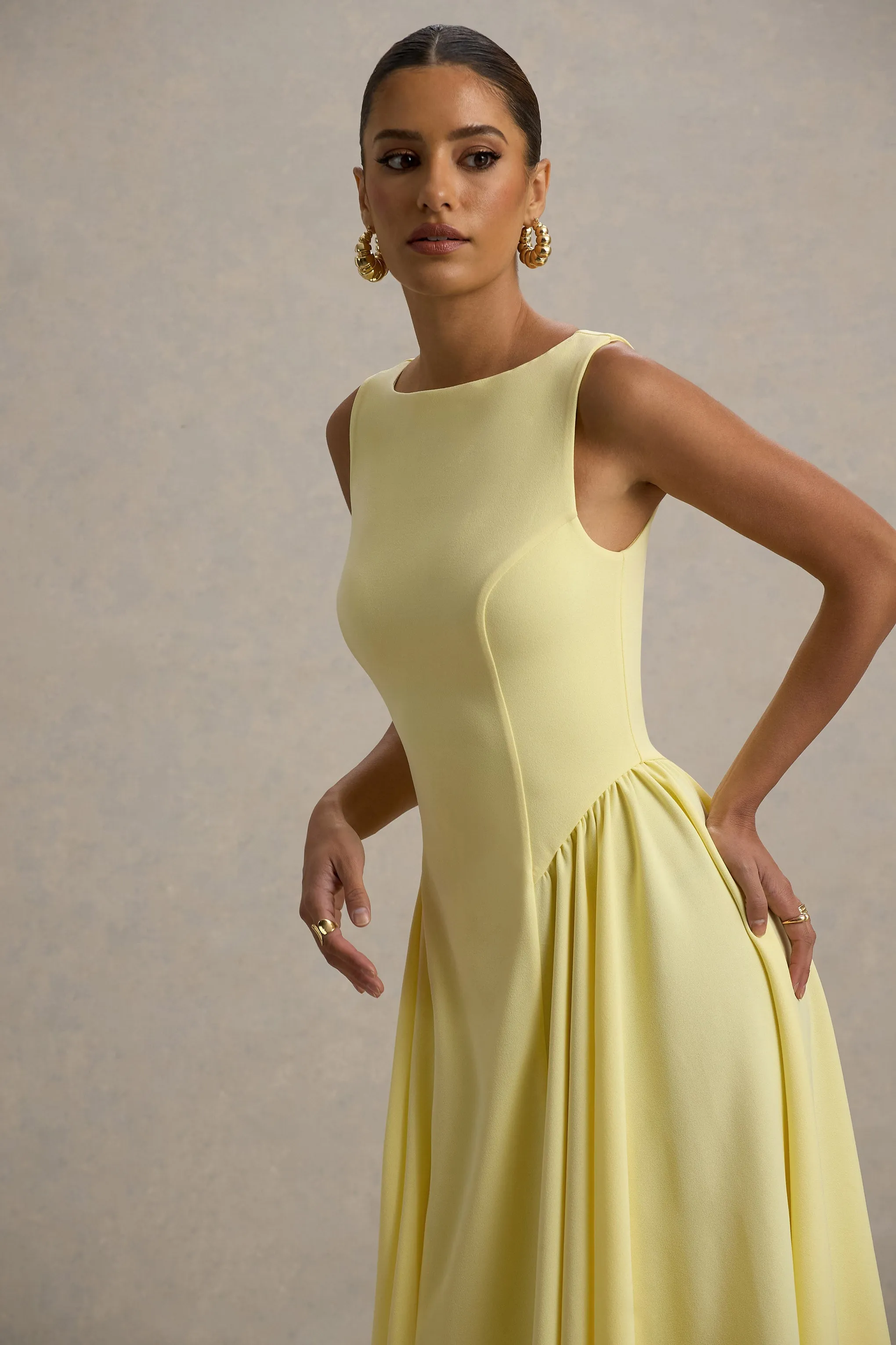 Muriel | Lemon Boat-Neck Volume-Hem Midi Dress Club L London