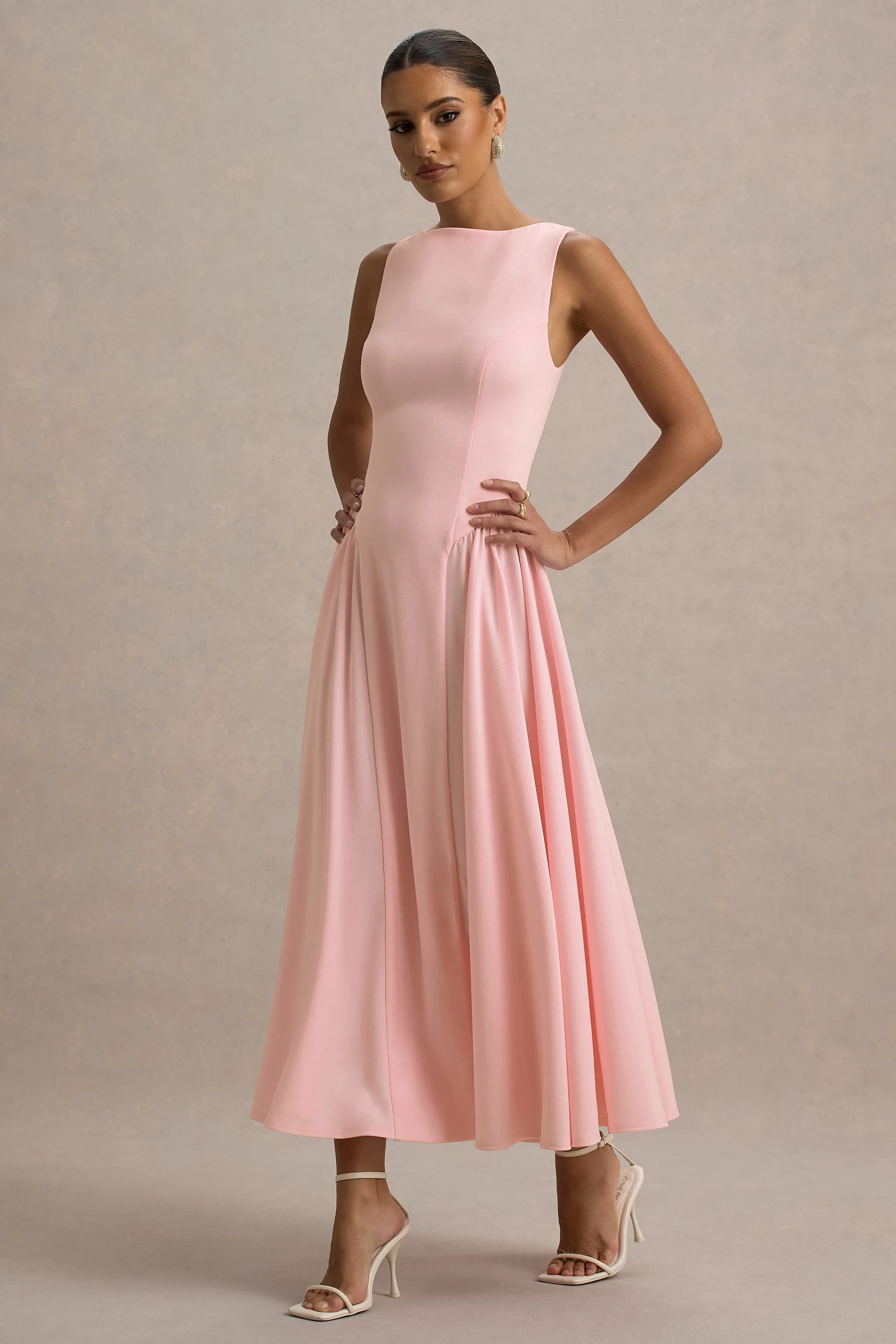 Muriel | Pink Boat-Neck Volume-Hem Midi Dress Club L London