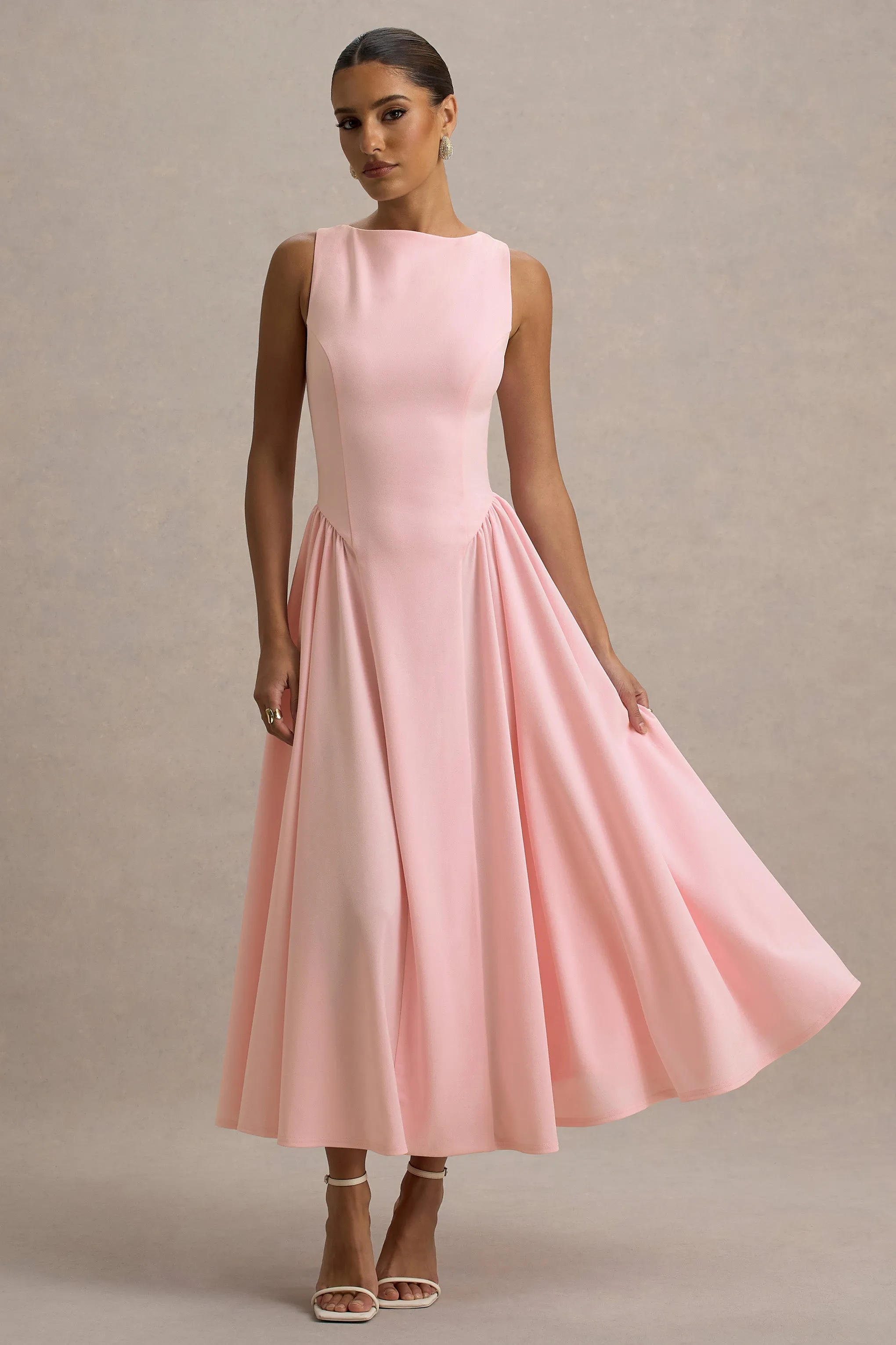 Muriel | Pink Boat-Neck Volume-Hem Midi Dress Club L London