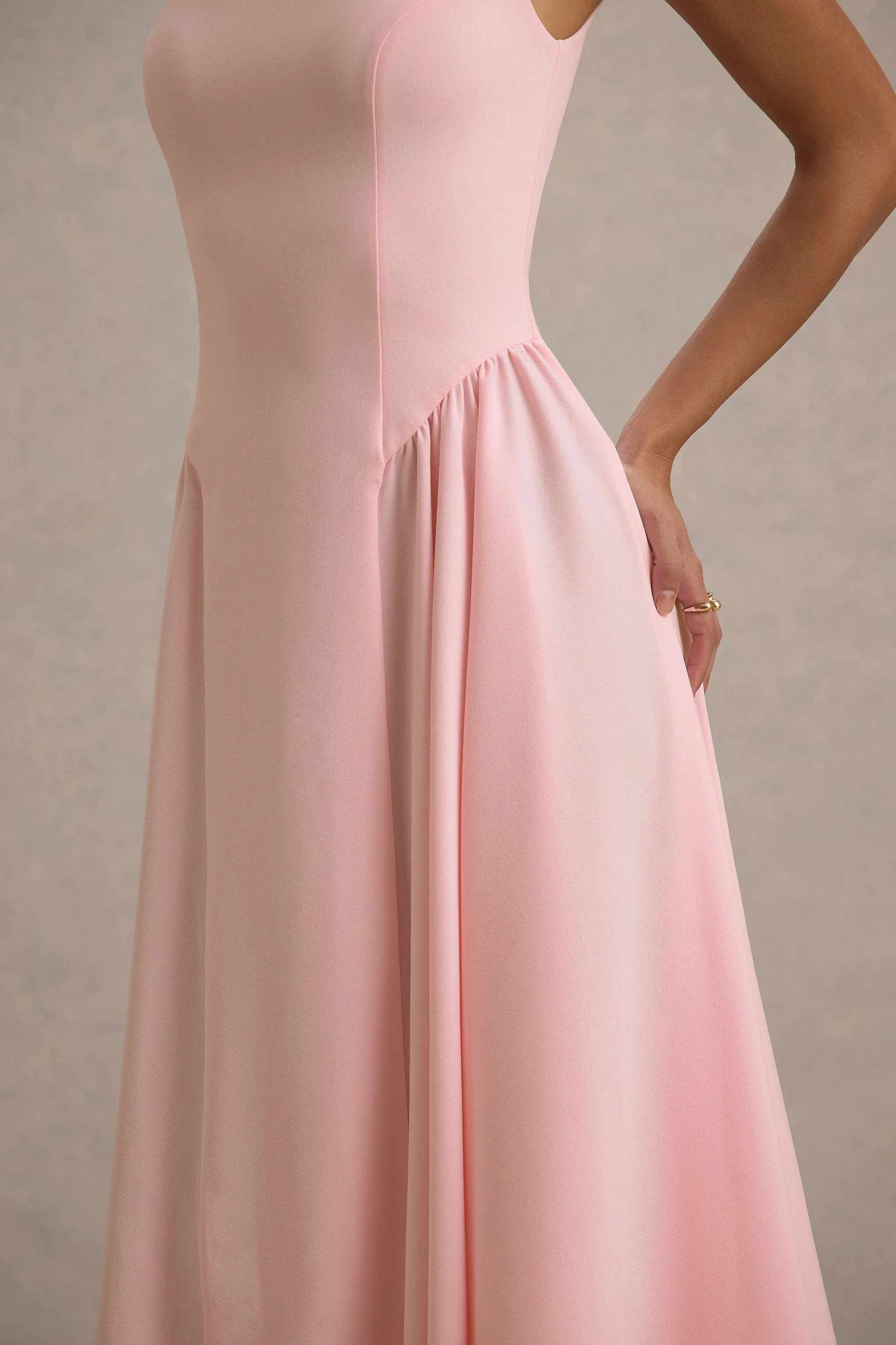 Muriel | Pink Boat-Neck Volume-Hem Midi Dress Club L London