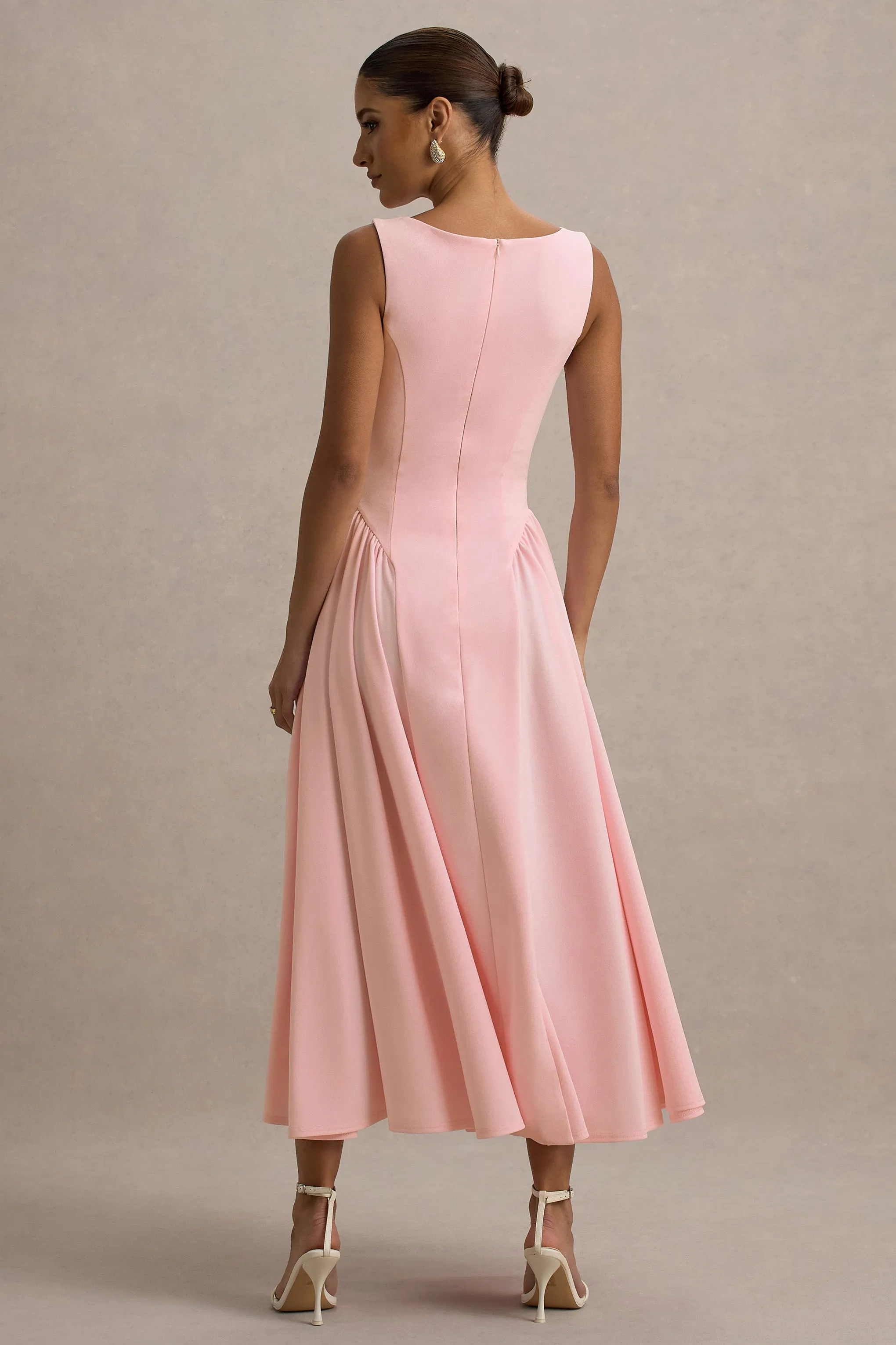 Muriel | Pink Boat-Neck Volume-Hem Midi Dress Club L London