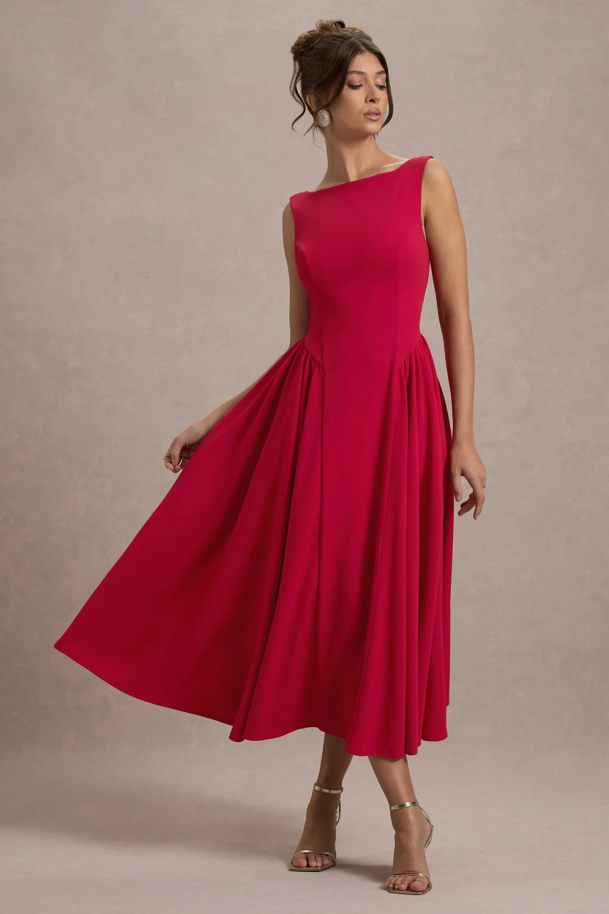 Muriel | Red Boat-Neck Volume-Hem Midi Dress Club L London