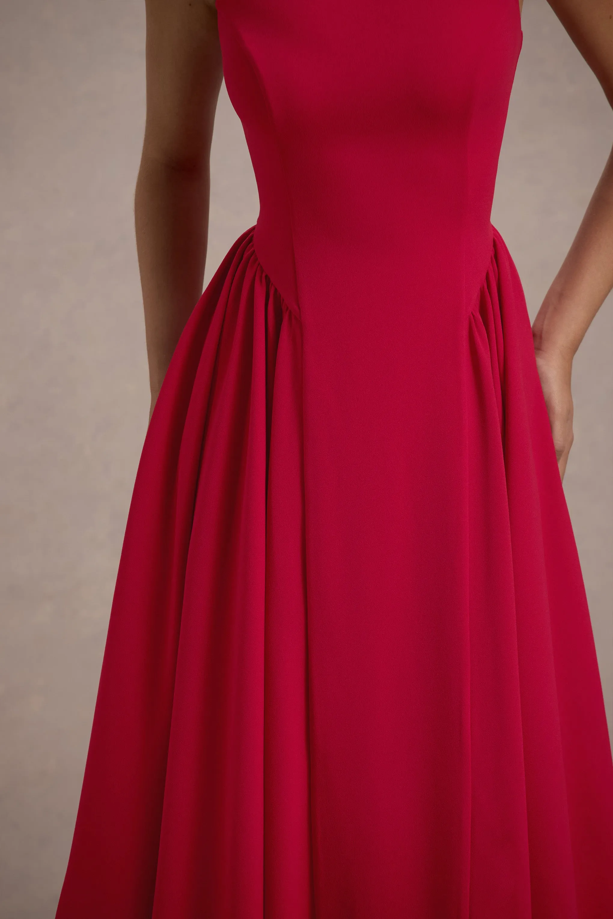 Muriel | Red Boat-Neck Volume-Hem Midi Dress Club L London