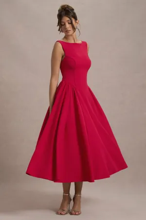 Muriel | Red Boat-Neck Volume-Hem Midi Dress Club L London